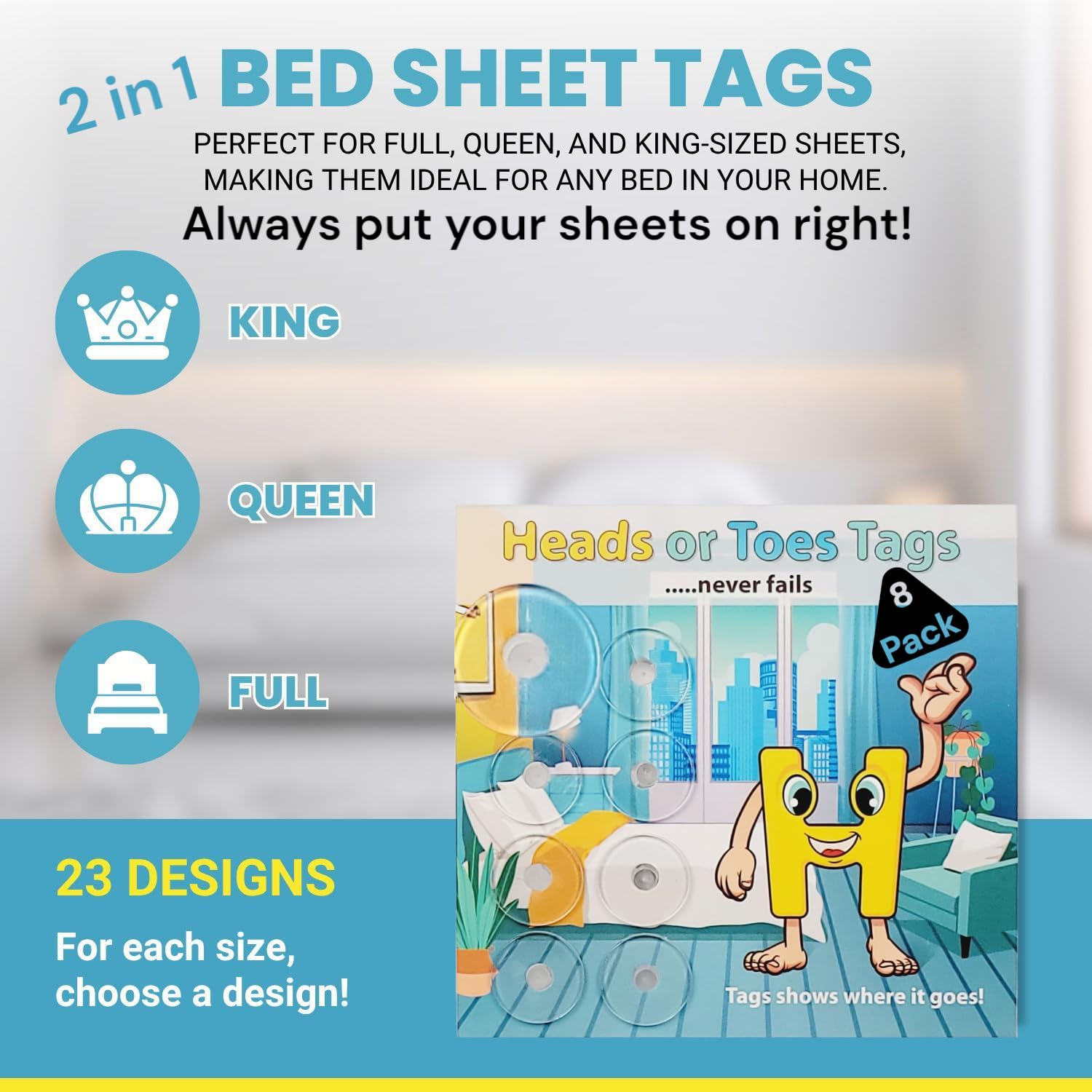 2 in 1 Bed Sheet Marking Tags - King, Queen or Full. for Each Size, Choose a Design. Plus Quick Identification to Put Your Bed Sheets on Right. Great