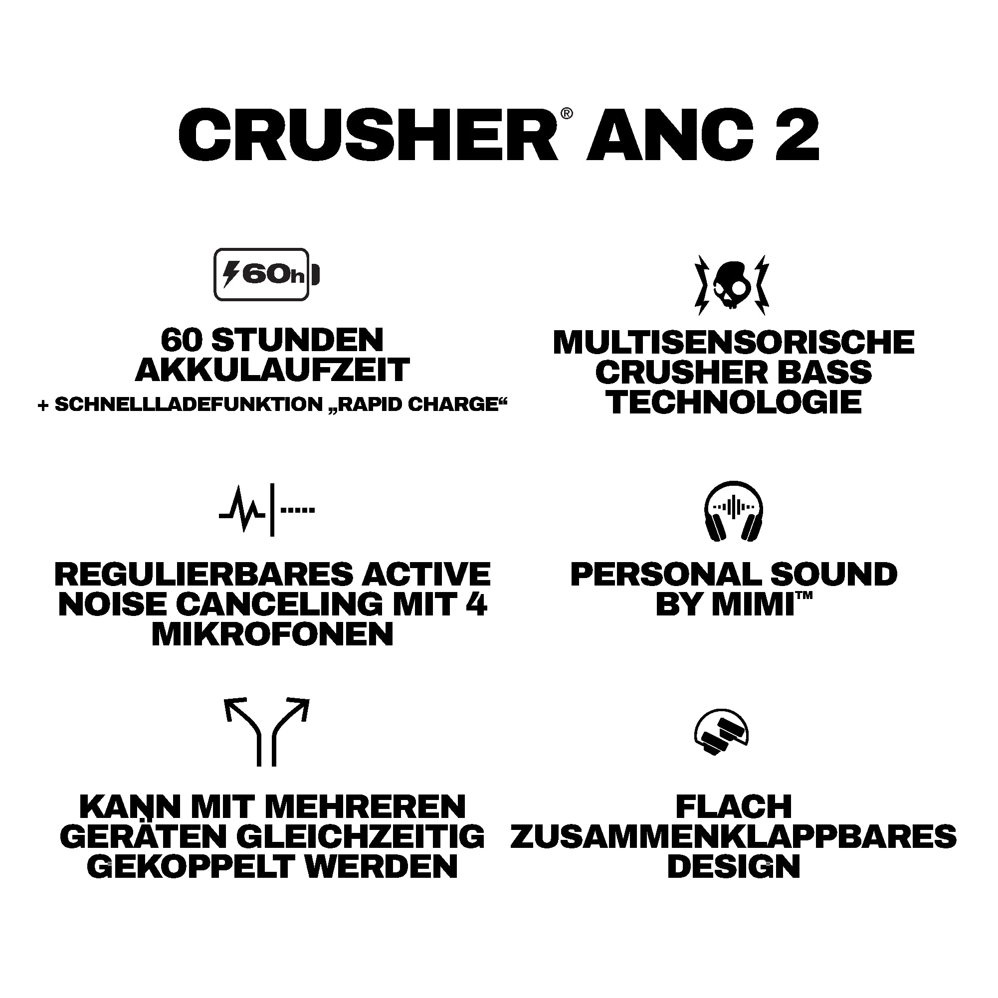 Skullcandy Crusher ANC 2 Wireless Bluetooth Over-Ear-Kopfhörer, Multisensorischem Bass, Active Noise Cancelling, 60 Stunden Akkulaufzeit - Hellblau