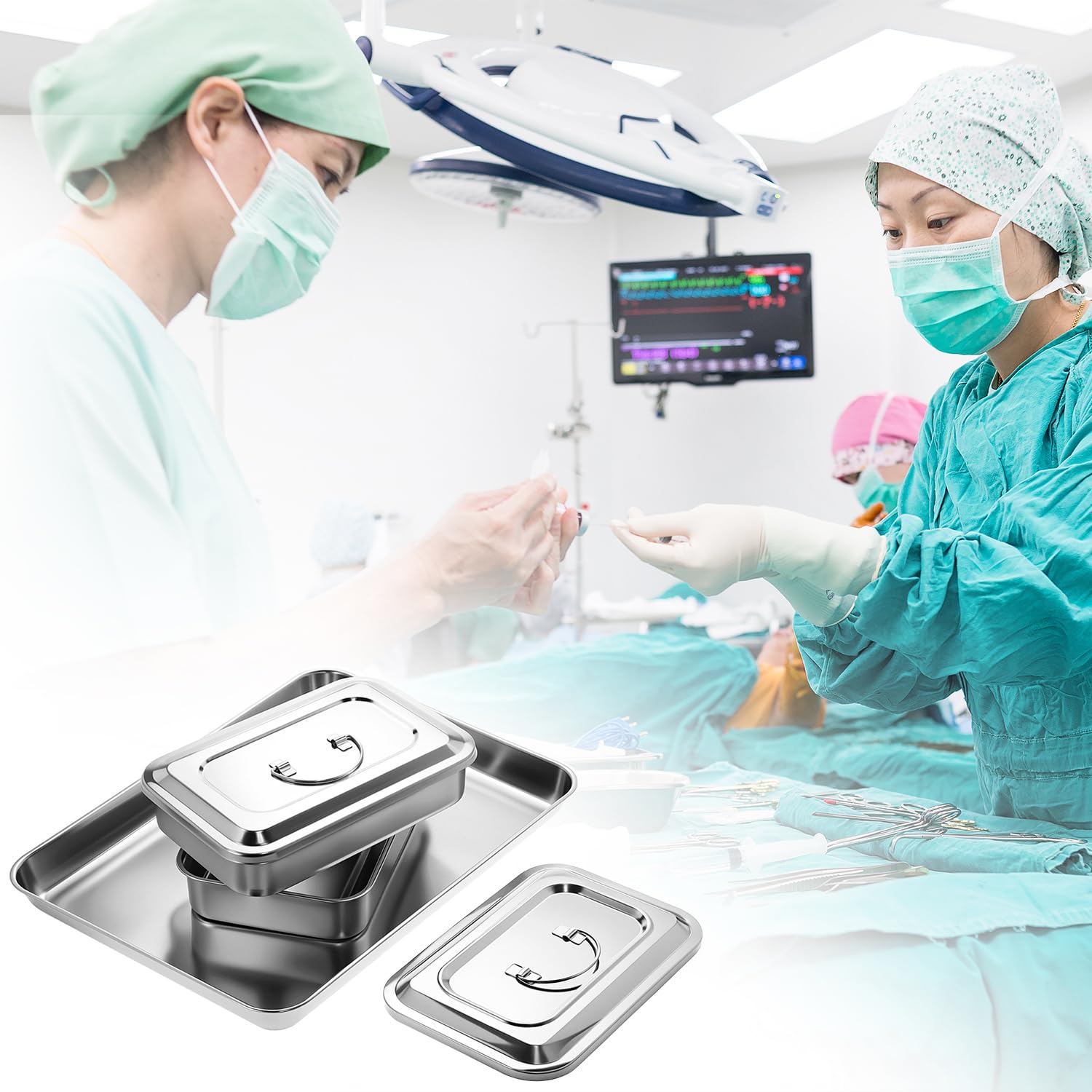 QWORK Vassoio medico, 1 vassoio chirurgico in acciaio inox + 2 vassoi organizer per strumenti con coperchio, 39 x 28 x 43 x 2,5 cm + 24,1 x 16 x 5,1 cm