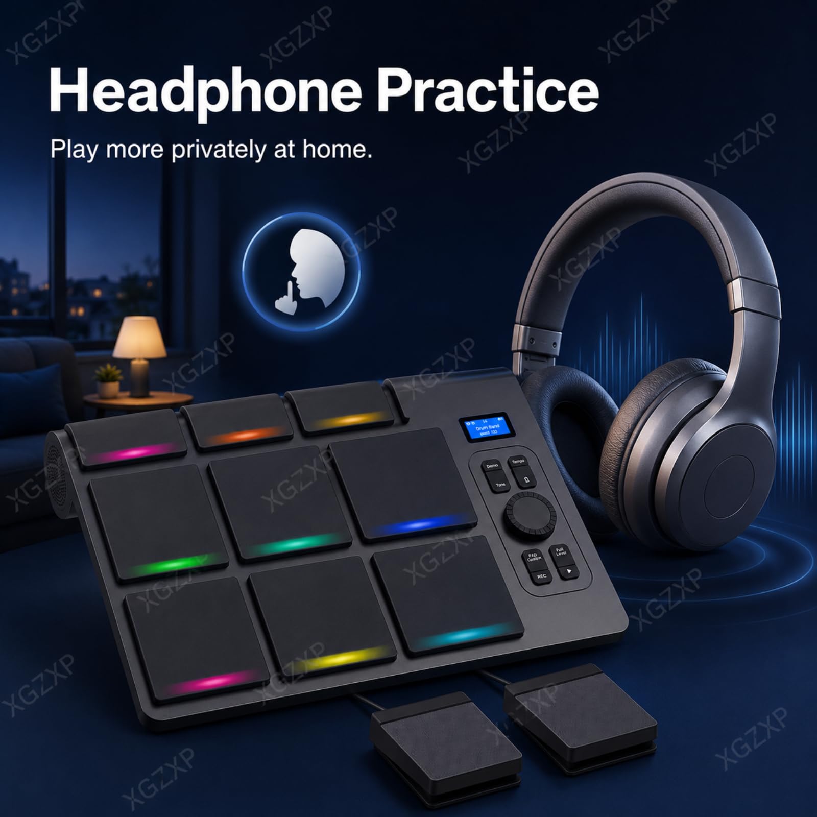 Batería electrónica 9 almohadillas, kit eléctrico portátil con 2 pedales, sensor de velocidad inteligente, altavoces estéreo duales, edición midi para práctica en casa y juego silencioso