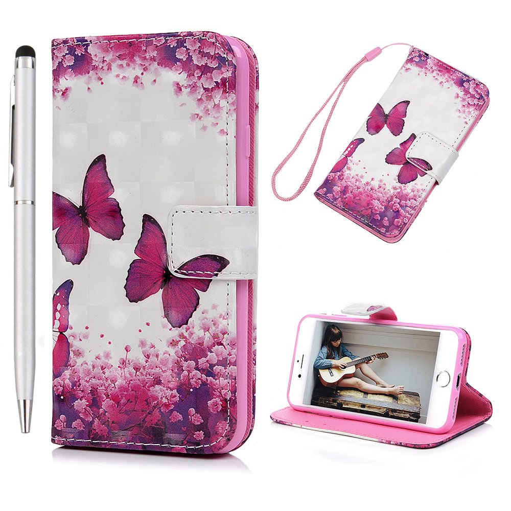 iPhone SE 2020 Case iPhone 7 Case iPhone 8 Cover Protective iPhone SE 2020/8/7 Phone Case iVOYI 3D PU Leather Wallet Flip Case Kickstand Magnetic Closure Card Holders & One Touch Pen, Pink Butterfly
