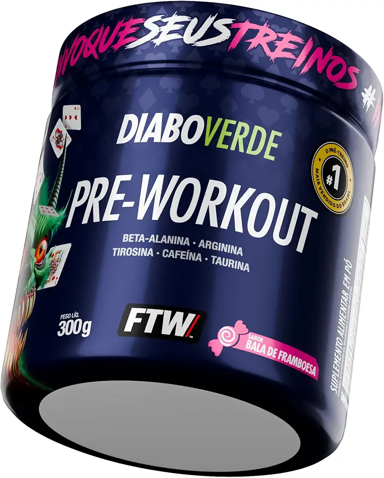 FTW Pré-Treino Diabo Verde em Pó com Cafeína, Aminoácidos Beta‑Alanina e Arginina para Treinos e Atividades Físicas - Pote 300 g (Bala de Framboesa)