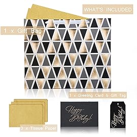 LaRibbons 13 Large Happy Birthday Gift Bag with Tissue Paper and Greeting Card, Black gold with Foil Design, Perfect for Mens Birthday