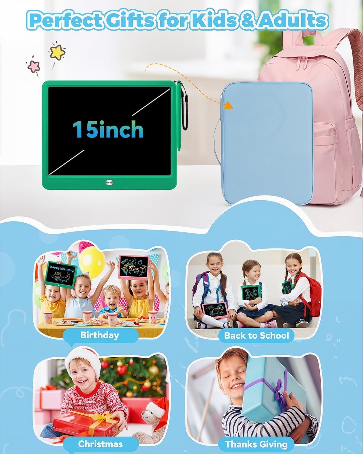 KOKODI 15 Inch LCD Writing Tablet with Anti-Lost Stylus, Erasable Doodle Board Colorful Toddler Drawing Pad, Car Travel School Games Toys for 3 4 5 6 7 8 Kids, Birthday Gift for Girls Boys Green