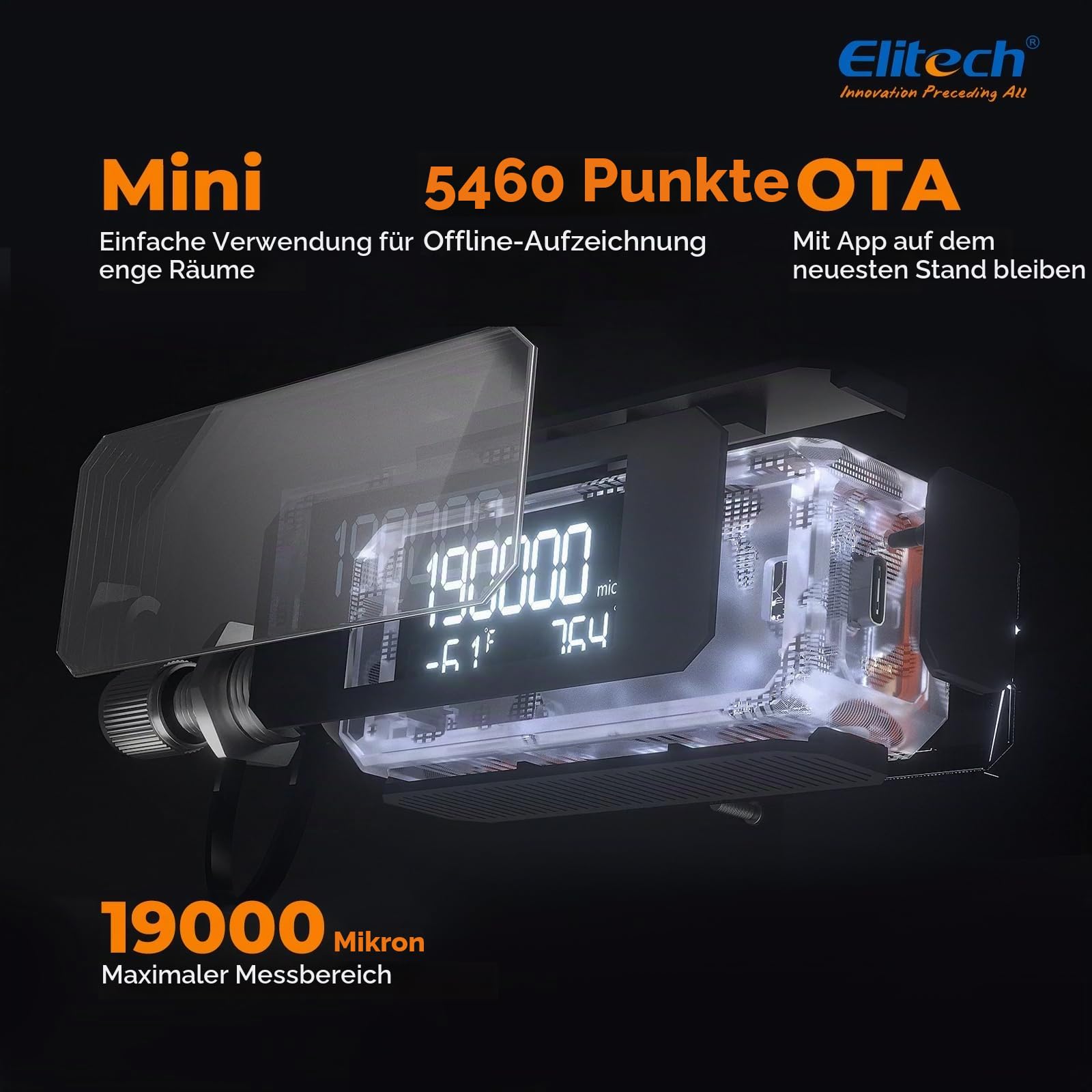 Elitech Digitales HVAC Vakuummessgerät, App-Unterstützung, Offline-Aufzeichnung mit Berichterstellung - Ideal für Klimaanlagen, Autos, Wärmepumpen.