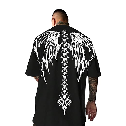 THALASI Men Cotton Printed Aesthetic Oversized Tshirt for Men - Black T Shirt for Men Stylish | Half Sleeve Oversize Fit Round Neck Tshirts - Down Shoulder & Baggy Fit Korean Tshirts for Man & Boys