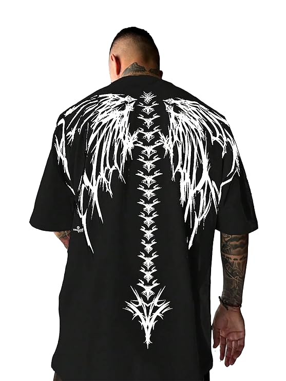 THALASI Men Cotton Printed Aesthetic Oversized Tshirt for Men - Black T Shirt for Men Stylish | Half Sleeve Oversize Fit Round Neck Tshirts - Down Shoulder &amp; Baggy Fit Korean Tshirts for Man &amp; Boys