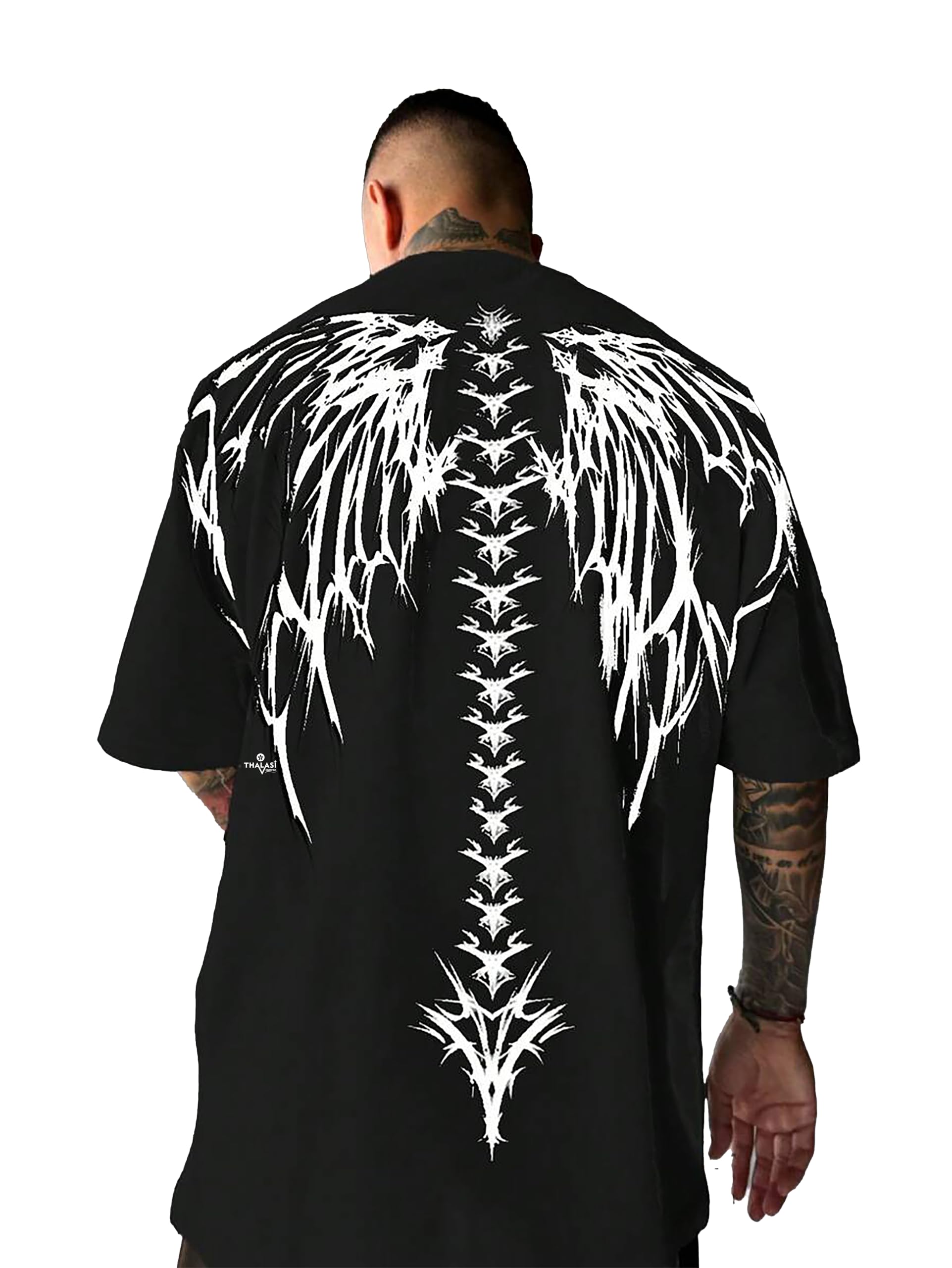 thalasi Men Cotton Printed Aesthetic Oversized Tshirt for Men - Black T Shirt for Men Stylish | Half Sleeve Oversize Fit Round Neck Tshirts - Down Shoulder & Baggy Fit Korean Tshirts for Man & Boys-picture-31