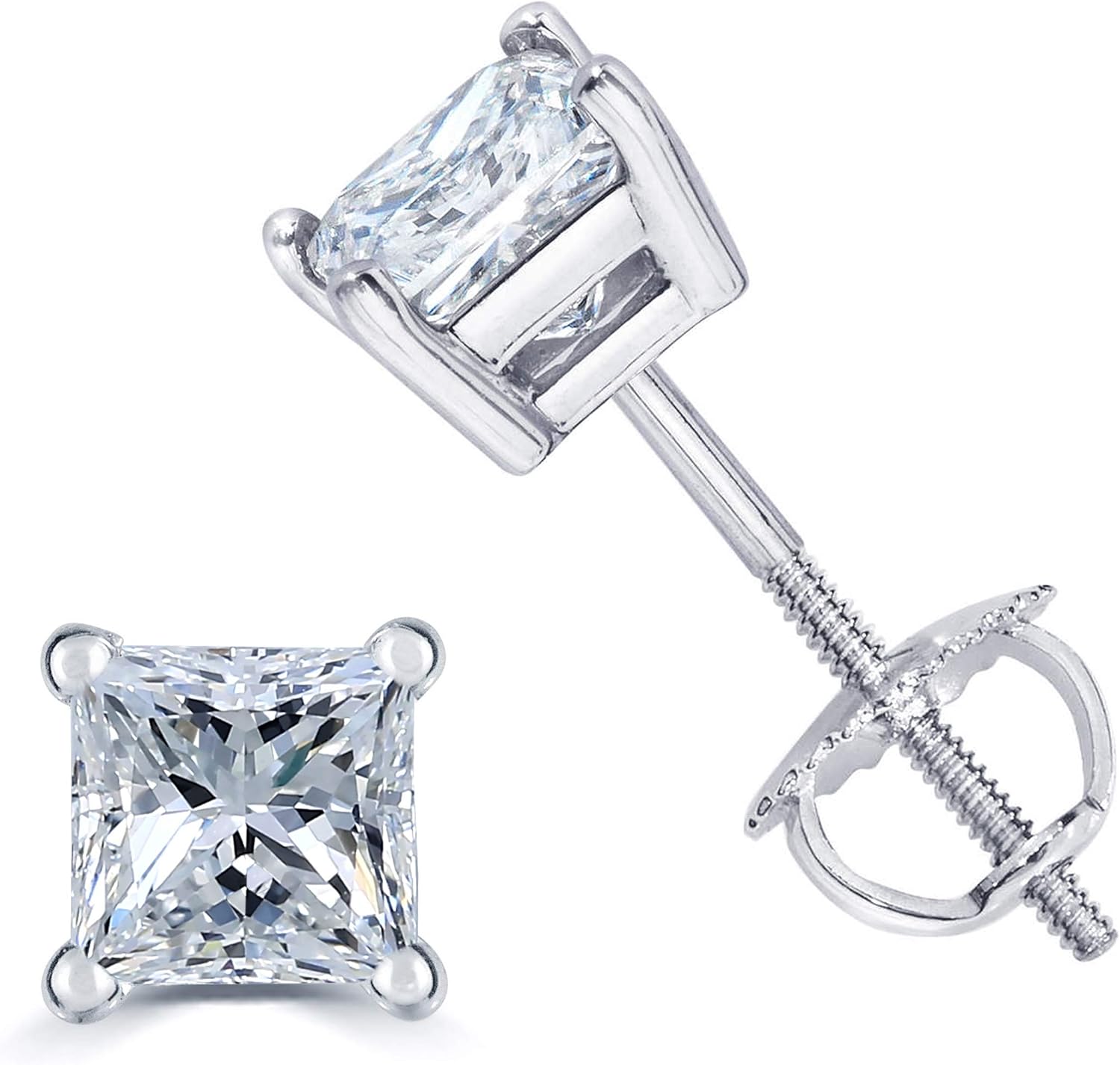 AGS Certified (Near Colorless VS1- VS2) 1/4ct TW to 1.00ct TW Princess Cut Natural Diamond Stud Earrings Set in 14K Gold with Screw Backs
