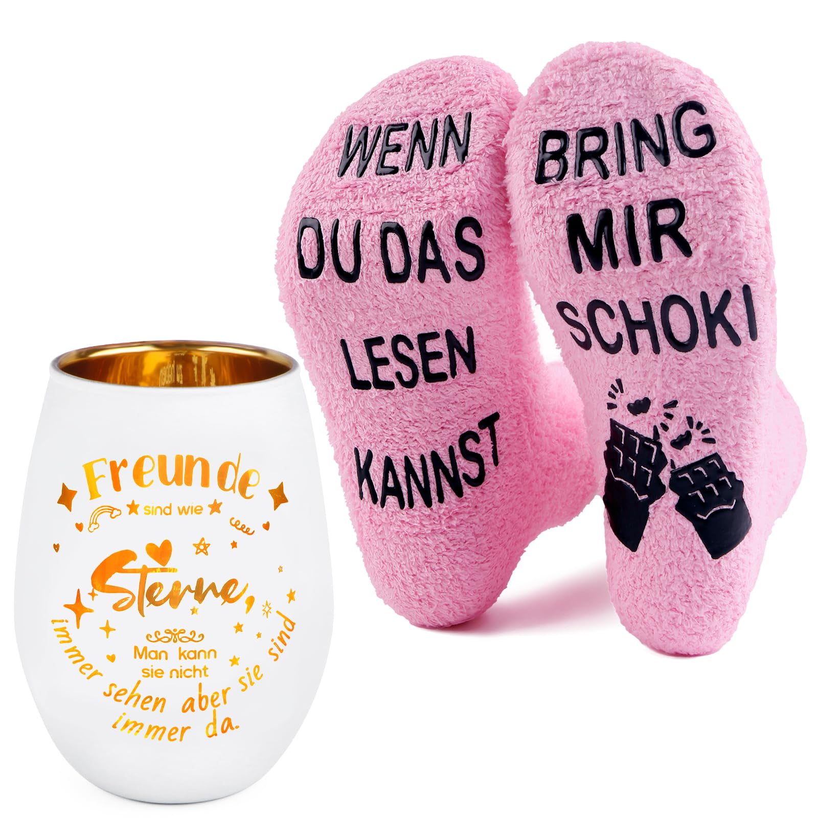 Belillpipi Geschenkset für Freunde – Windlicht mit Spruch „Freunde sind wie Sterne“ & Kuschelsocken „Bring Mir Schoki“, Freundschaftsgeschenk Frauen Geburtstag Weihnachten