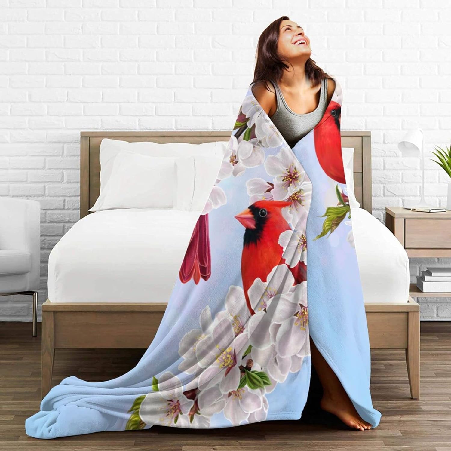 Perinsto Red Cardinal Birds and Cherry Flowers Throw Blanket Ultra Soft Warm All Season Decorative Fleece Blankets for Bed Chair Car Sofa Couch Bedroom 50"X40" - Image 6