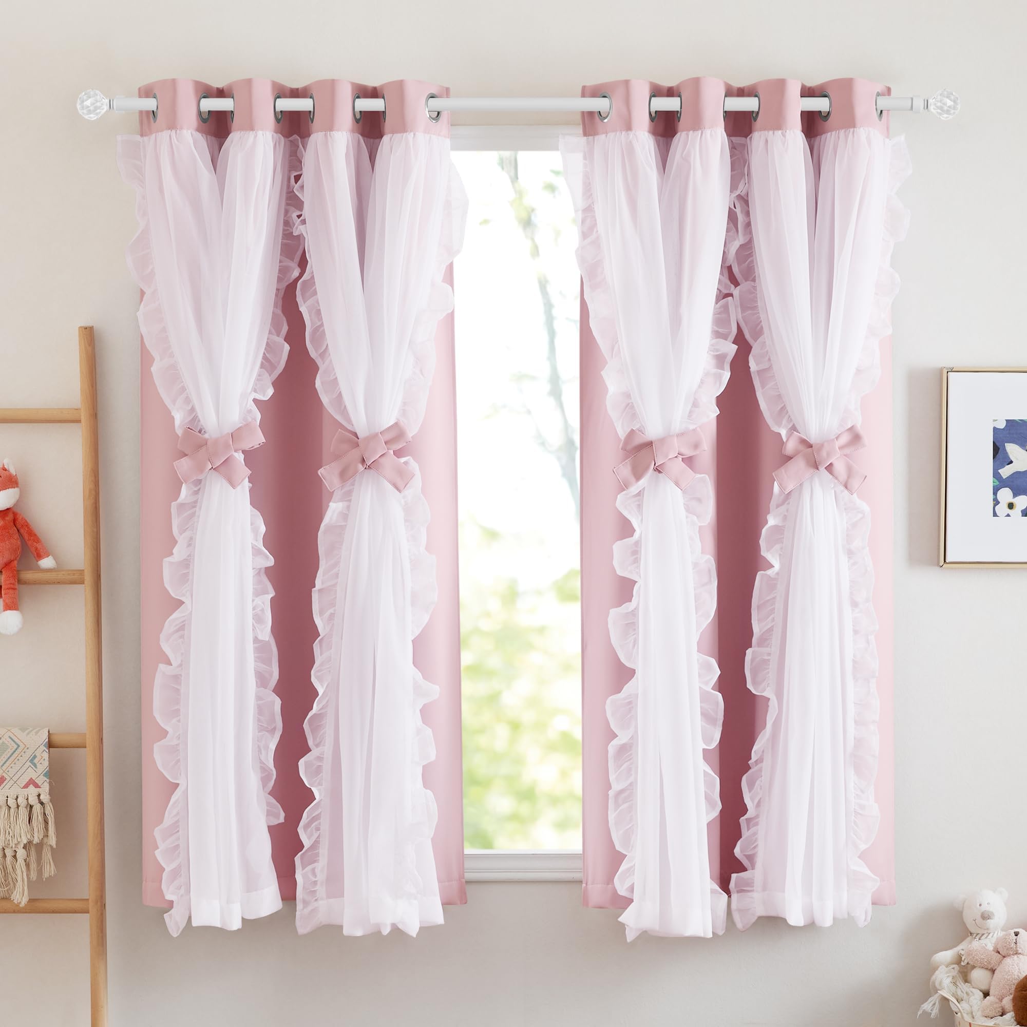 PONY DANCE Kinderzimmer Vorhang Mädchen Rosa Gardinen Kurz Blickdicht | 2er Set H160 x B140cm, Doppellagige Gardinen mit Tüll-Rüschen, Thermovorhang Hitzeschutz, mit Ösen, für Schlafzimmer