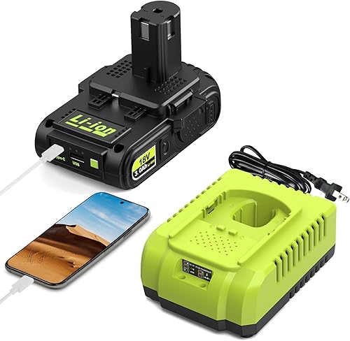 Combo de batería y cargador de 18 V 3.0Ah con puerto USB, repuesto para batería Ryobi de 18 V, compatible con batería Ryobi y cargador de 18 voltios