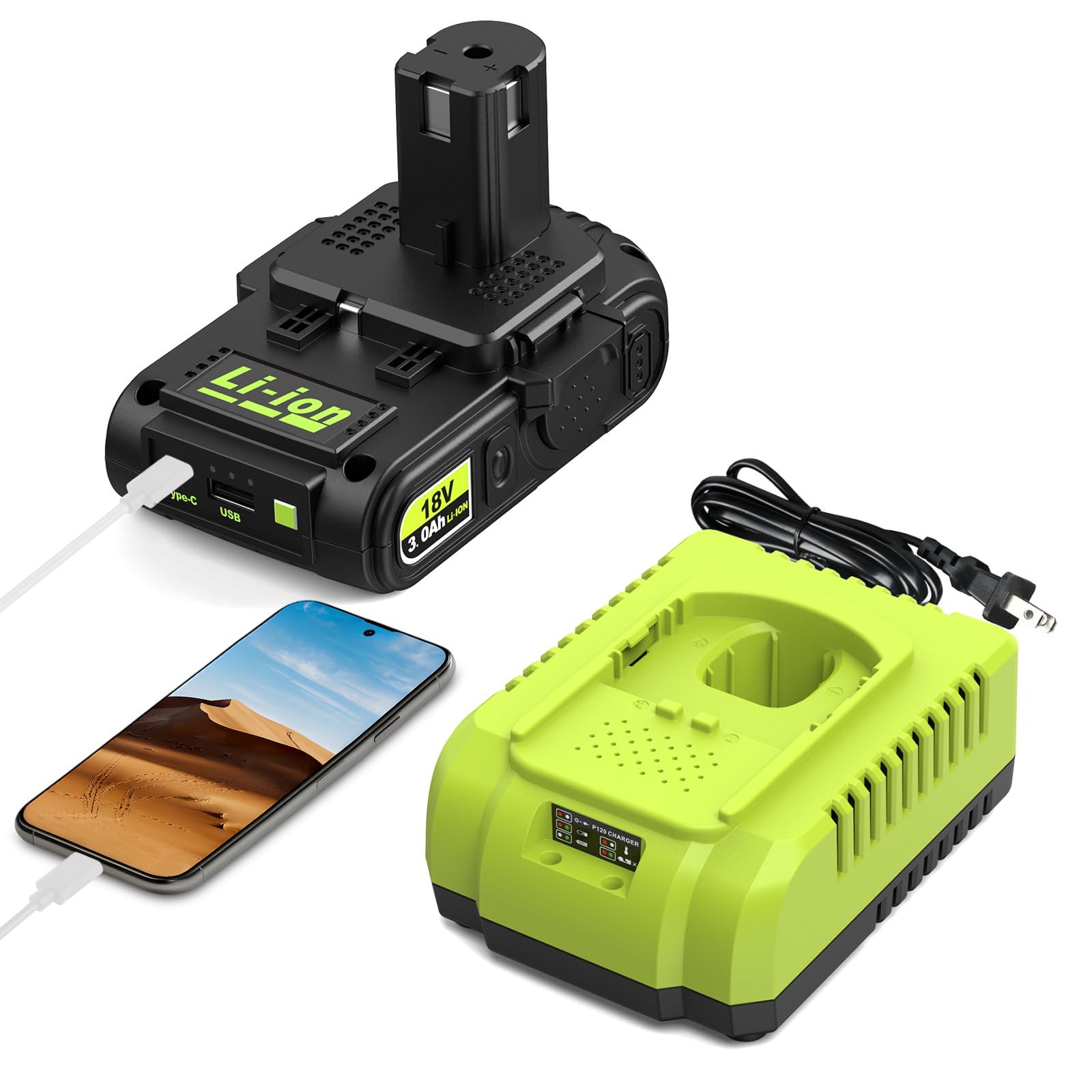 Abeden 3.0Ah Replacement for Ryobi 18V Battery Charger & Battery Combo
