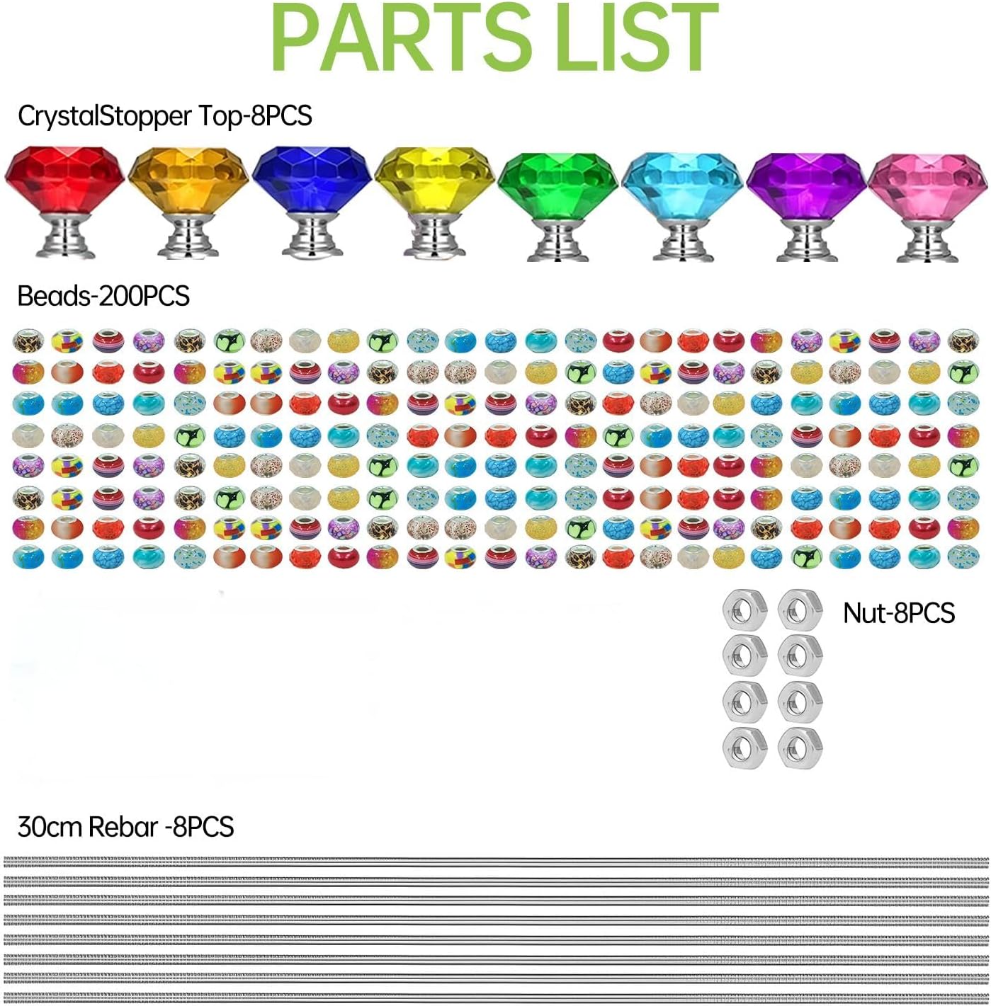 224PCS DIY Fairy Wand Garden Stakes Beads Kits 8 Set, Decorative Garden Stakes with Diamond Stopper Tops, Colorful Beads for Indoor Outdoor Plant Flower Pot Décor (224)