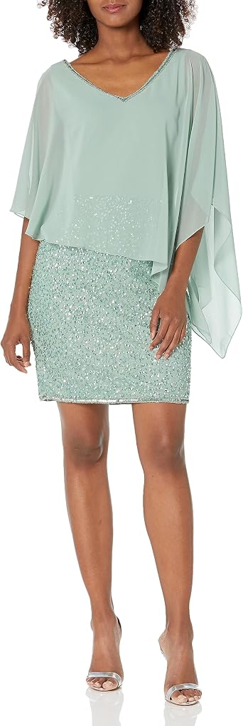 J Kara Women's Plus Size Caplet Short Cocktail Beaded Dress