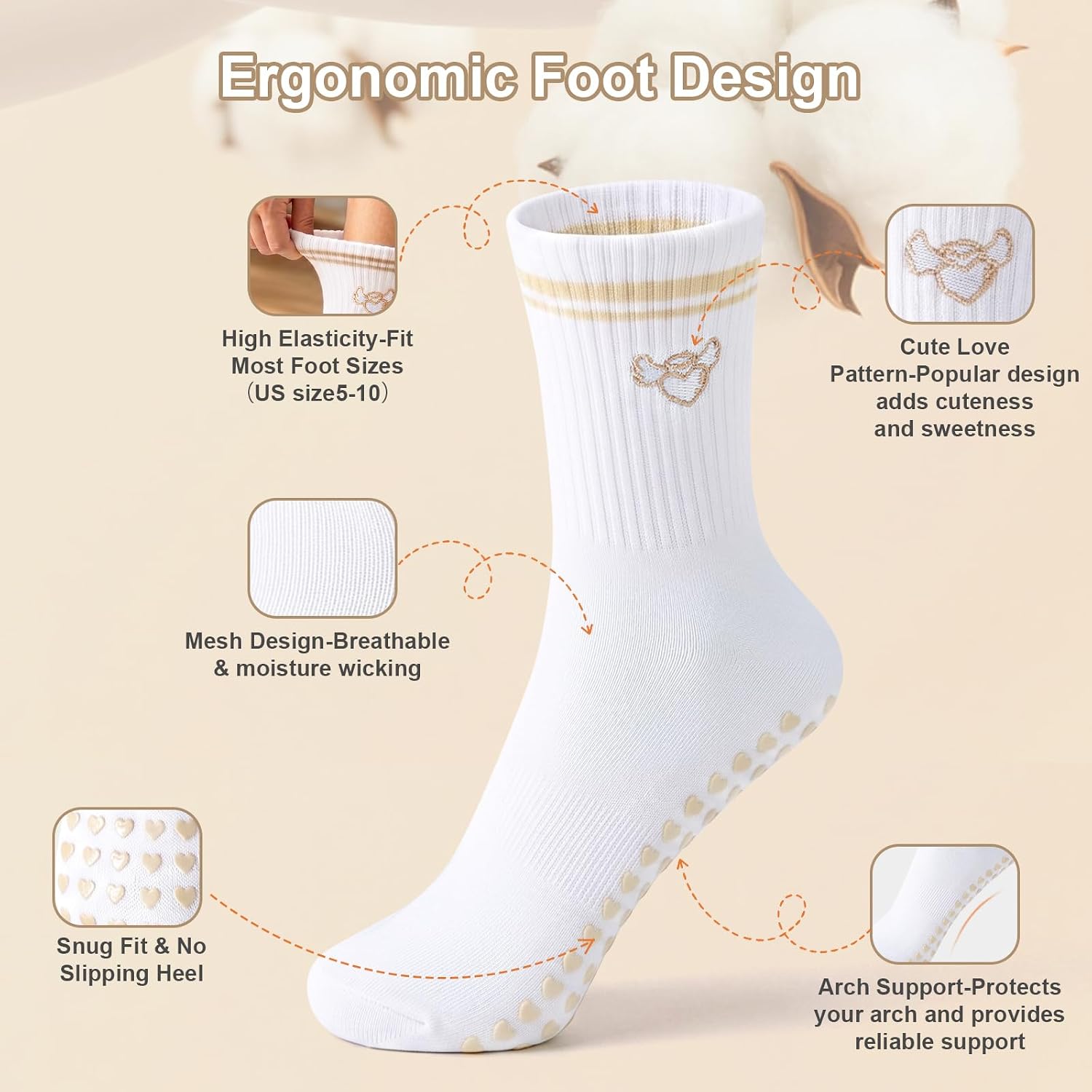 Pilates Grip Socks for Women,Non Slip Grip cute Socks with Grippers for Yoga,Ballet, Dance,Barefoot Workout ,Hospital