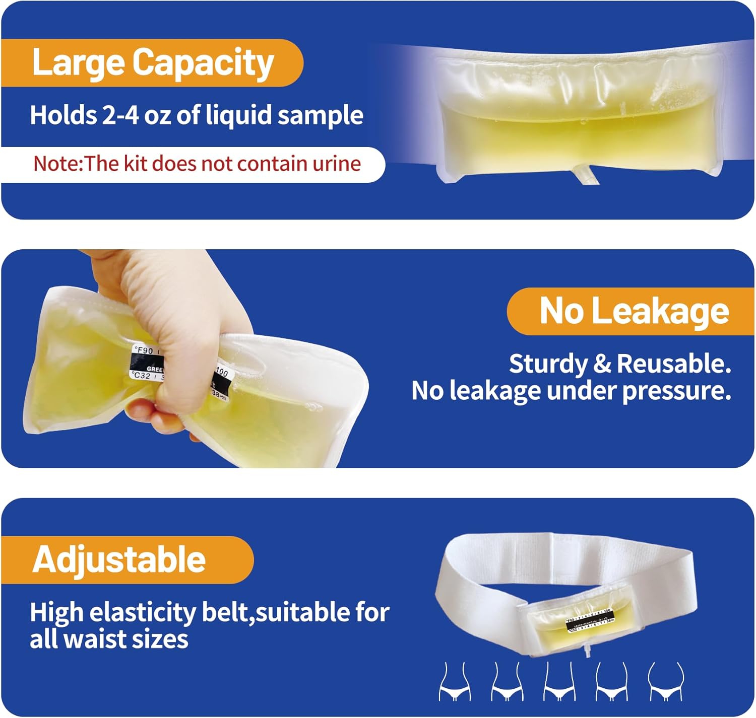 Urine Test Complete Kit - 2 oz to 4 oz Sample Bag on Belt,Portable Urine Test Bags with Temperature Strip for Used for Hospitals, Emergency and Travel (Medium)