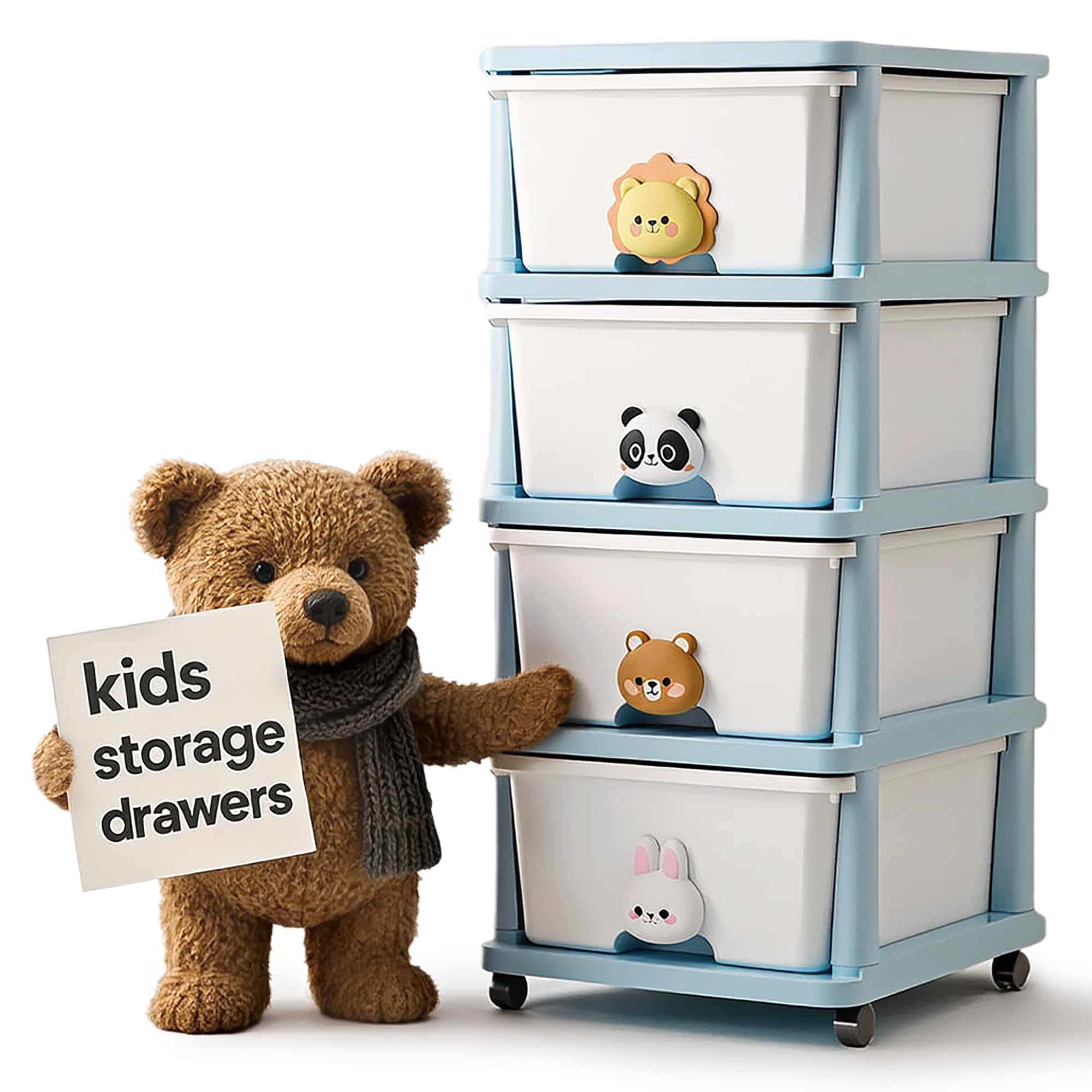 Froppi 4 Drawers Plastic Storage Units with Wheels | 4 Tier Kids Storage Drawers | Toy Storage Unit for Nursery, Playroom, Bedroom | White/Blue | L34 W40 H79 cm