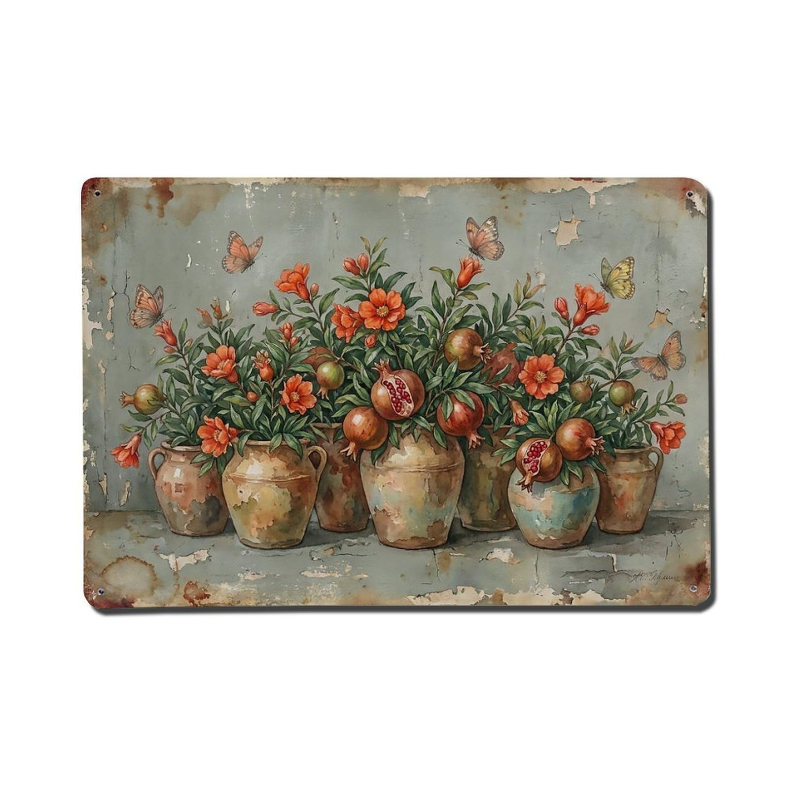 Vintage Rustic Flower Potted Plants Pomegranate Metal Tin Sign