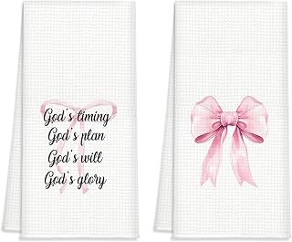 Christian Kitchen Towels Set of 2, Waffle Weave Hand Towels with Bible Verse and Pink Bow,Inspirational Decorative Dish Towels for Kitchen & Bathroom, Faith Gift for Women and Friends 16x24 Inch