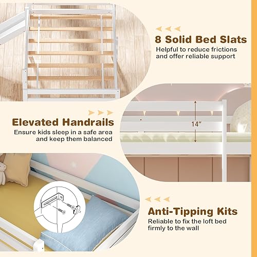 Miniatura 5 de Giantex Cama alta individual con tobogán, cama baja de madera para niños, marco de cama individual con escalera de escalada y espacio de