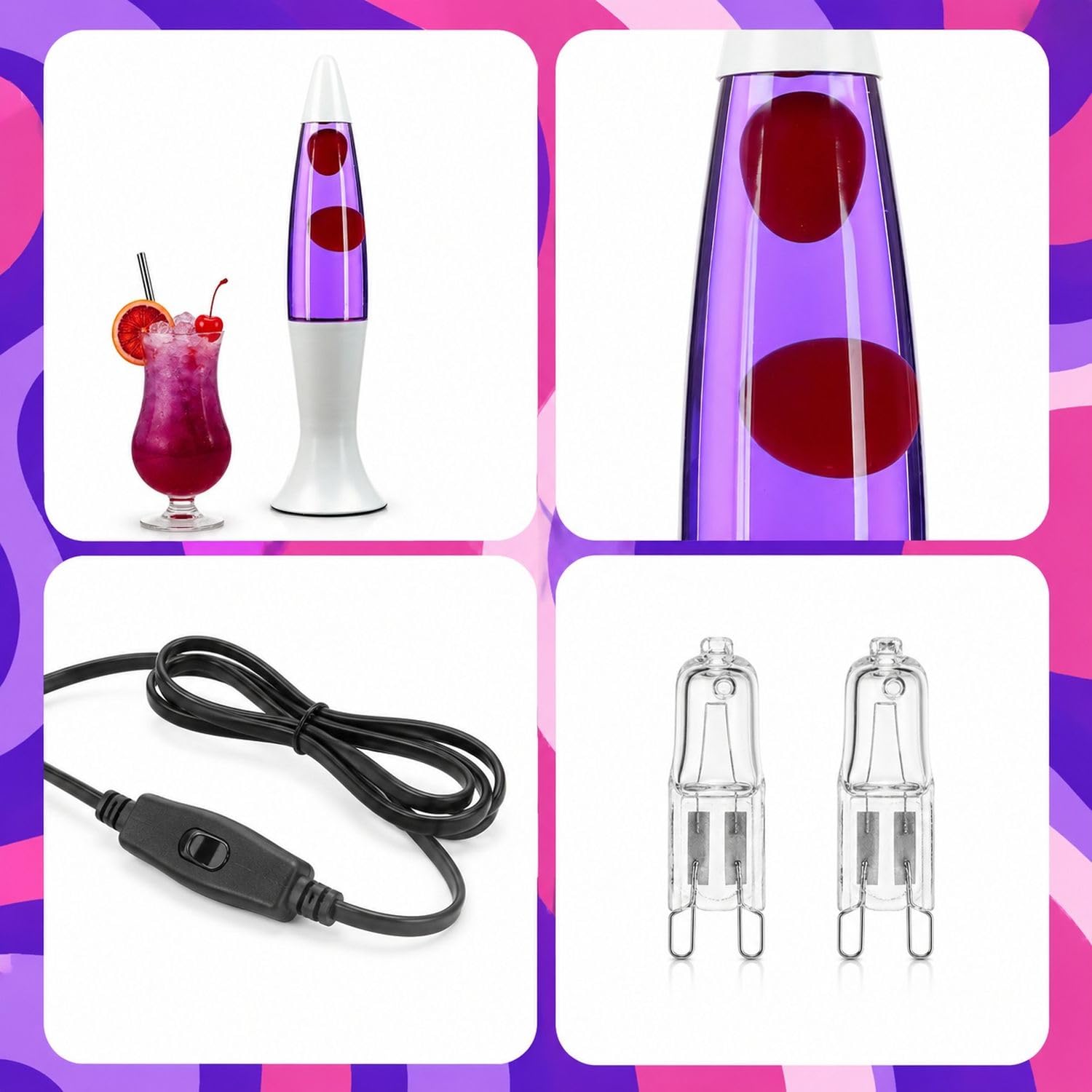 Easylight Lámpara de lava vidrio aluminio blanco púrpura rojo juvenil sala de estar H:40 cm G9 incluido atmosférica retro lámpara de mesa sala de fiestas ROXY