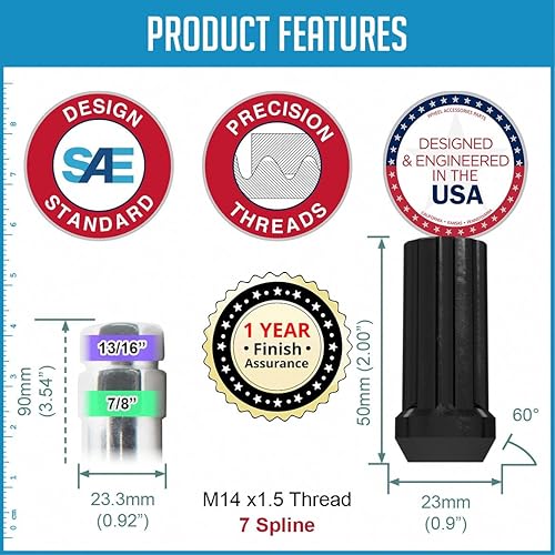 Miniatura 5 de Wheel Accessories Parts 24 tuercas de rosca M14x1.5 de 14 x 1.5 pulgadas de largo de 1.90 pulgadas de largo, 7 ranuras hexagonales para Chevy