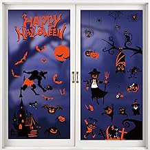 Window Stickers Halloween Decoration – 9 Sheets Halloween Interior Decoration, 72 Pieces Double Face Stickers Bat, Pumpkin, Witch, Spiders Halloween Decoration
