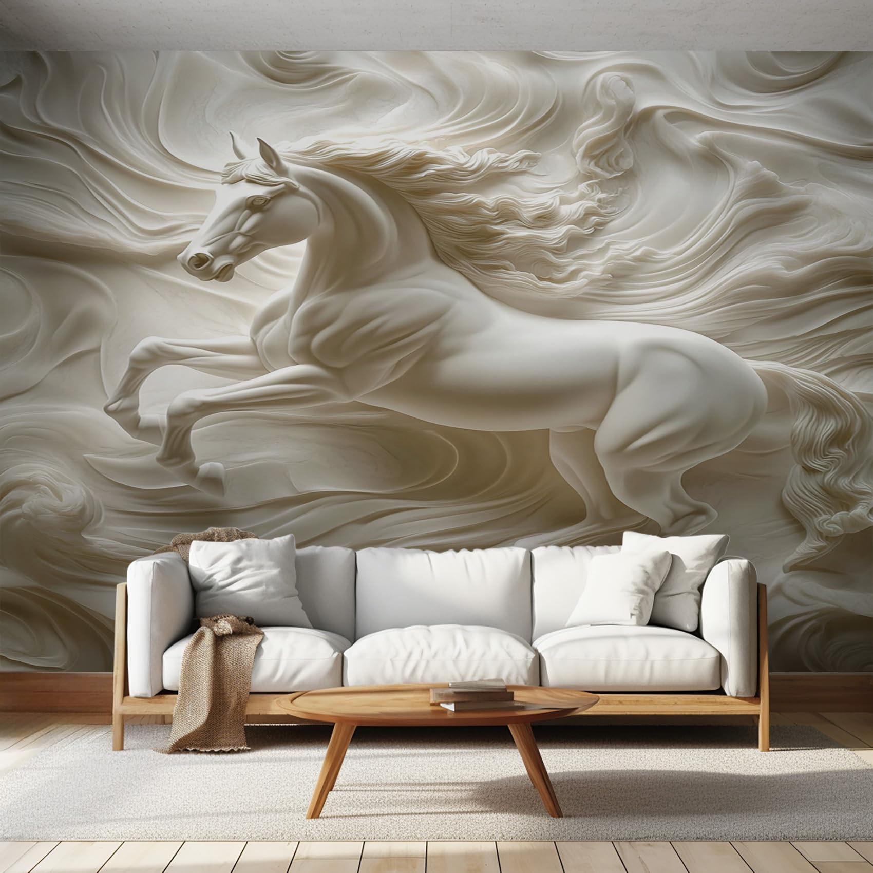 Generic White Horse Wall Murals for Bedroom, 3D Animal Wallpaper for Living Room, European Luxury Mural Home Backdrop, Modern Relief Art Pattern Wall