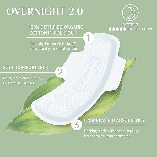 Miniatura 2 de Organyc Almohadillas femeninas 100% de algodón orgánico certificado para la noche, flujo más pesado, súper absorción, 28 unidades