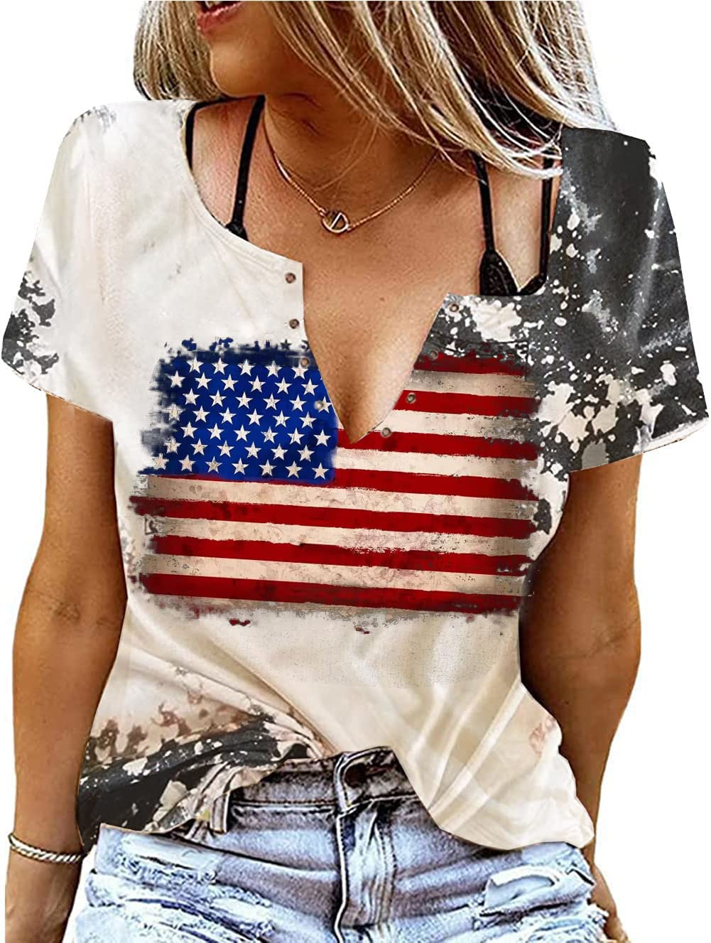 USA Flag Star Stripe Deep V Neck Shirt Top Women 4th of July Patriotic Graphic Tshirt Summer Colorful American Flag Tee