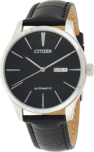Citizen NH8350-08E Reloj automático con correa de cuero para hombre con esfera negra y fecha de día, Reloj automático