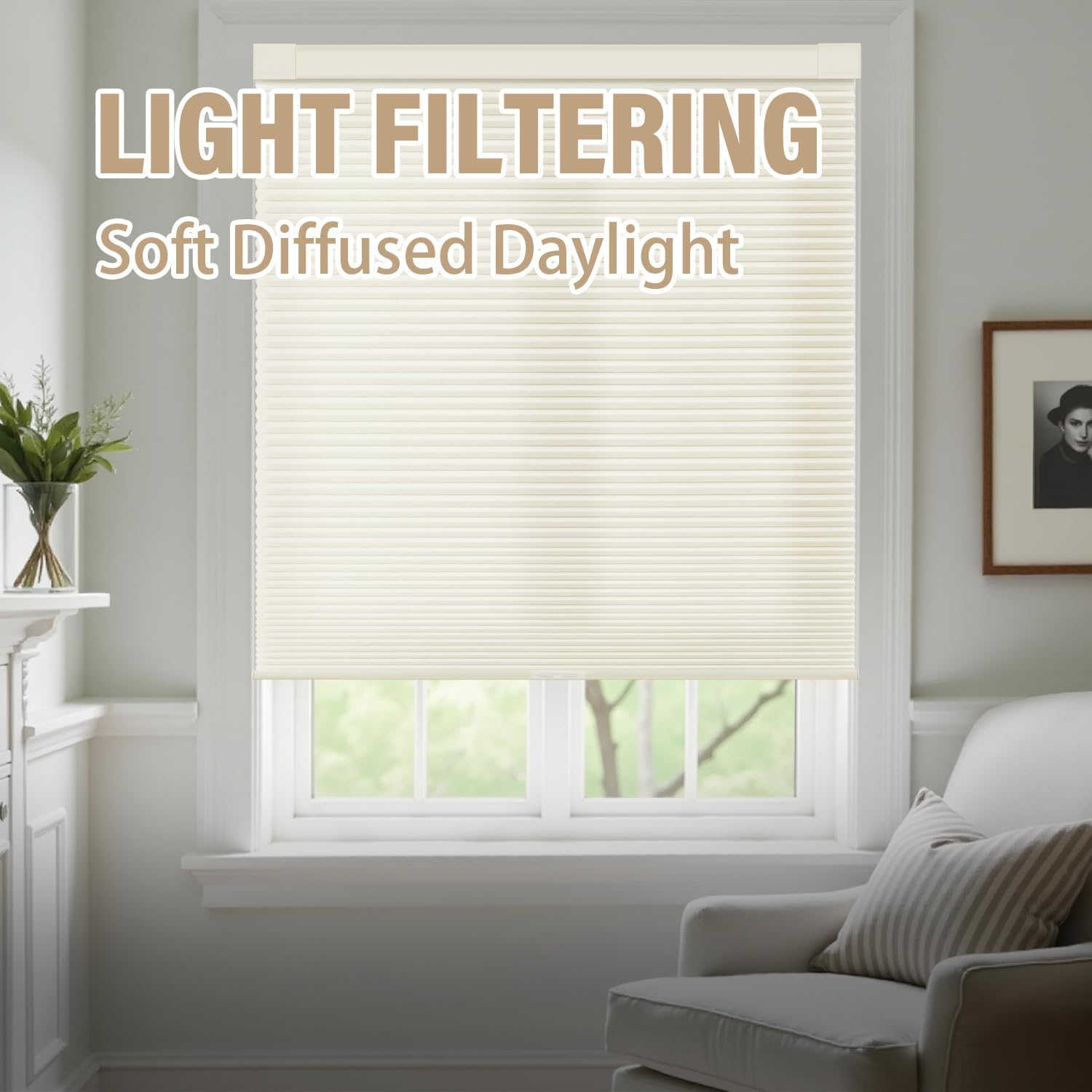 AOSKY No Tools No Drill Cordless Cellular Shades Blinds for Indoor Windows, Light Filtering Thermal Insulated Honeycomb Window Blinds Shades for Living Room Bedroom, 35" W x 48" H, Beige 35"W x 48"H Light Filtering-beige