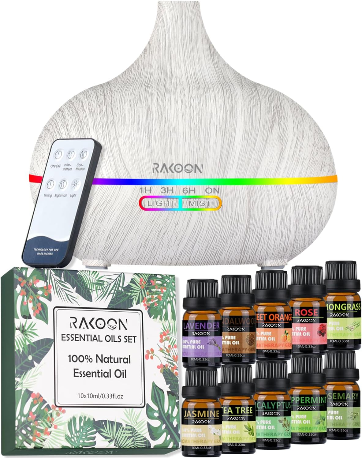 Rakoon Ultimate Aromatherapy Diffuser & Essential Oil Set, Essential Oil Diffusers for Home with Top 10 Essential Oils, 550ml Air Diffuser for Large Room, 4 Timer & 15 Ambient Light