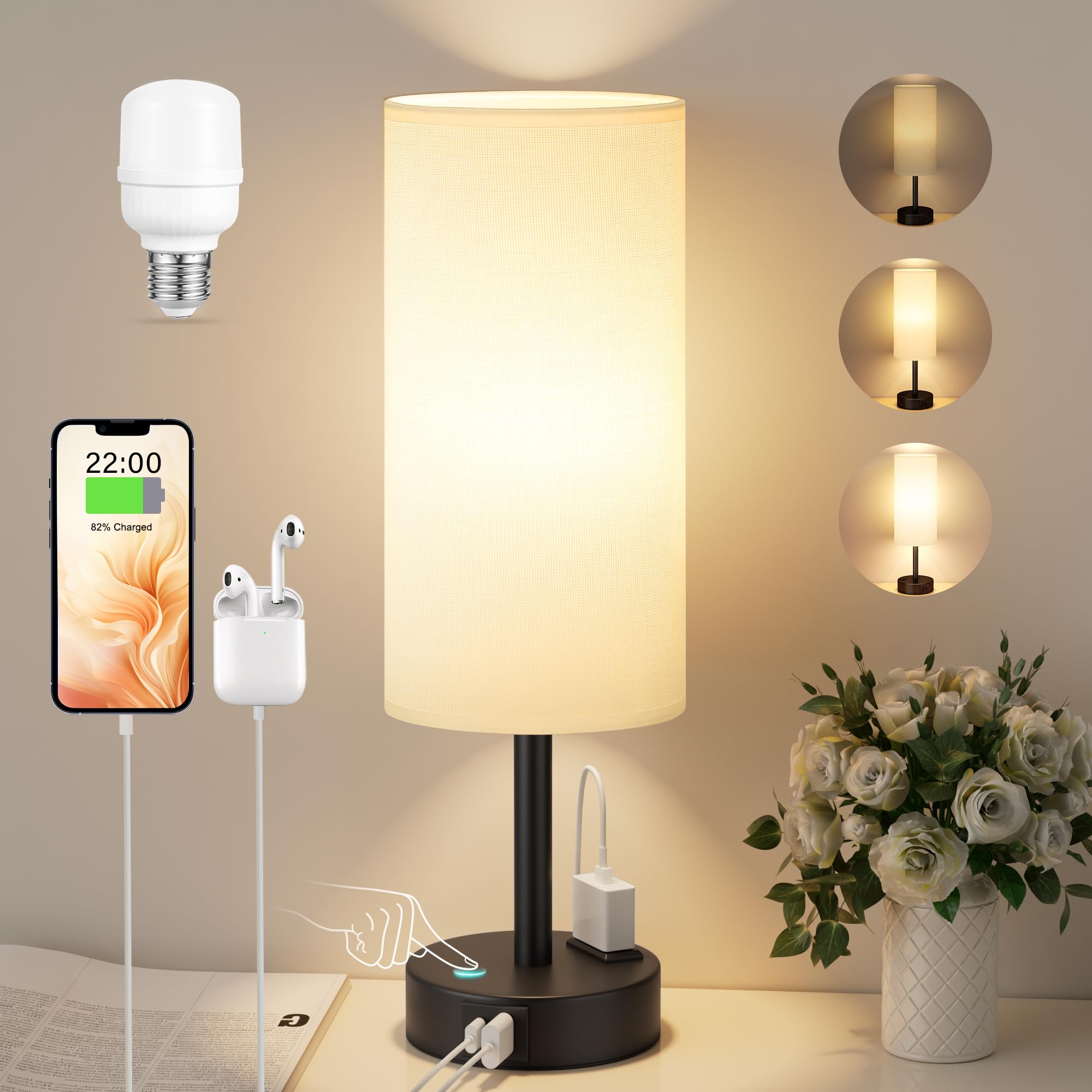 Kakanuo Nachttischlampe Touch Dimmbar, Tischlampe mit USB A+C+Steckdose Ladefunktion, Lampenschirm aus Leinenstoff, Lampe für Nachttisch Wohnzimmer Schlafzimmer Kinderzimmer Büro(Inklusive Birne)