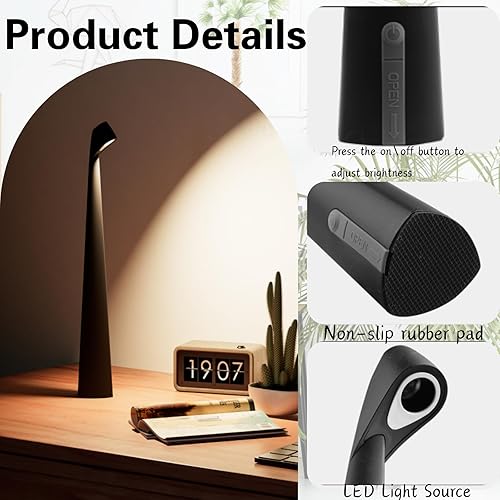 Miniatura 3 de Lámpara de escritorio inalámbrica, luz de mesa portátil, lámpara táctil recargable, lámpara LED funciona con pilas con 3 niveles de brillo para