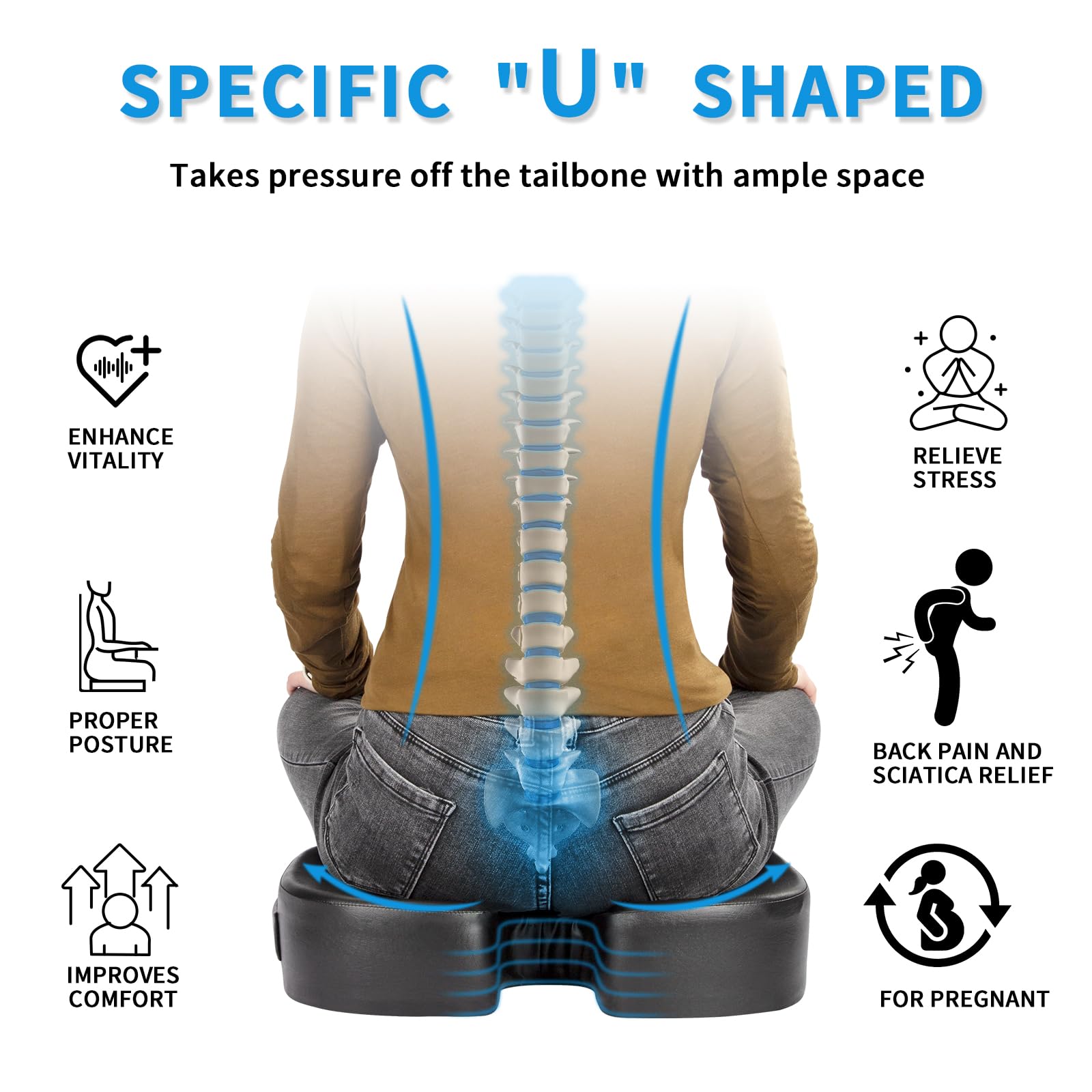 Lussuoso cuscino da seduta, in memory foam spesso 7,6 cm, per alleviare la pressione, sciatica, dolore al coccige e sollievo dal mal di schiena, multiuso per candeggina, auto, giochi, sedia da