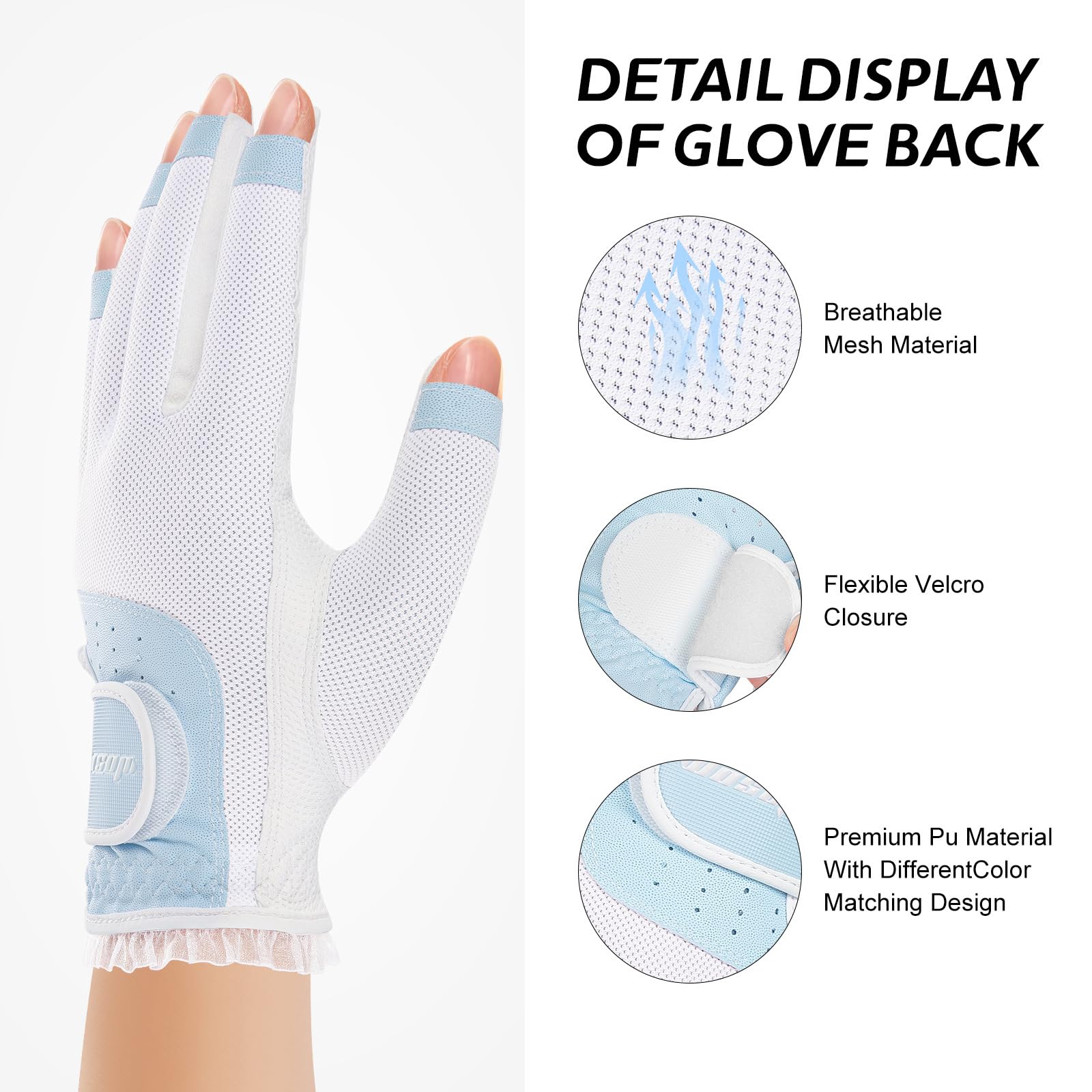 1 Paar Damen Golfhandschuhe, Fingerlose, Atmungsaktive Golfhandschuhe, Sonnenschutz Touchscreen Fäustlinge, Sporthandschuhe für die Linke und Rechte Hand,Blue,S(Length18cm)