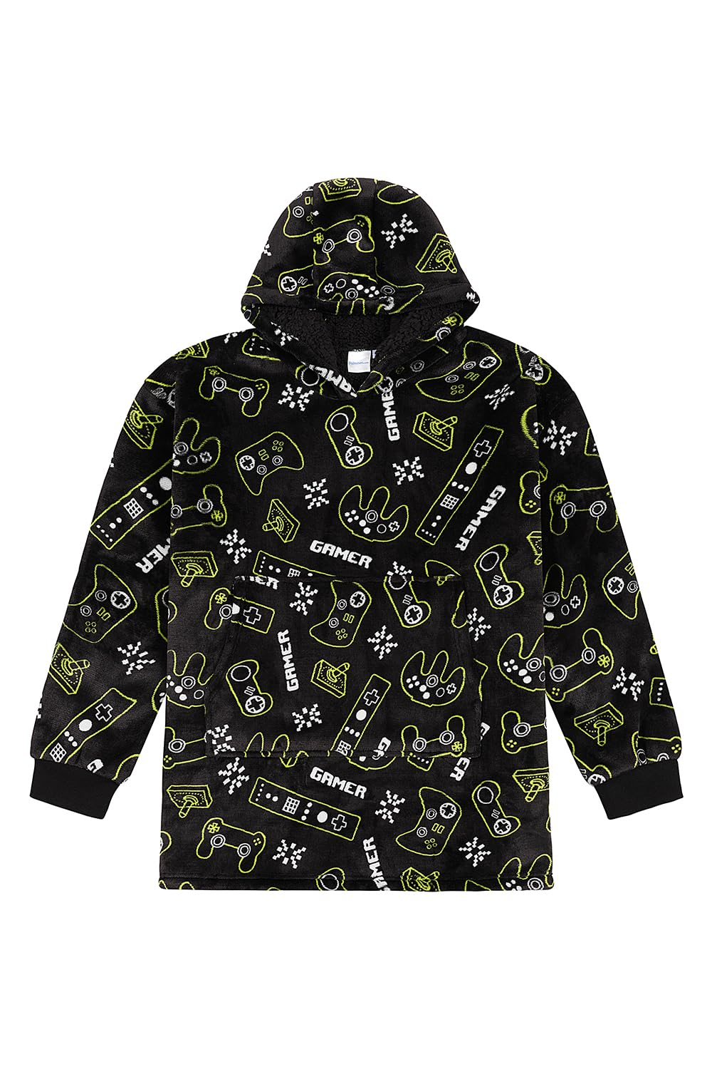 Thepyjamafactory Boys Black Video Game Controller Fully Lined Luxury Gaming Fleece Hoodie, Oversized Fleece Blanket Hoody For Kids