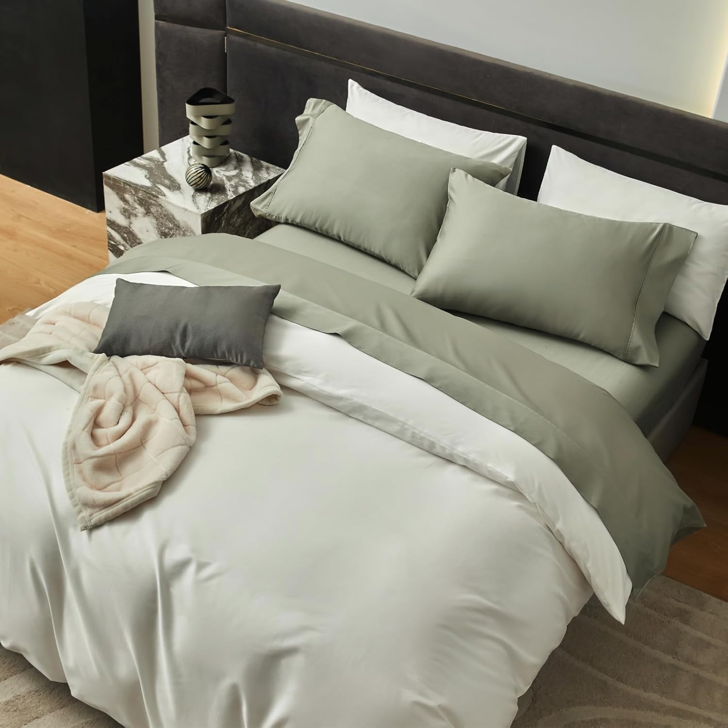 PURE ERA Sheet Set 800 Thread Count Long Staple Cotton Sateen Silky Soft Luxurious Smooth 4 Piece Set,Deep Pocket up to 16" (Light Olive Green King)