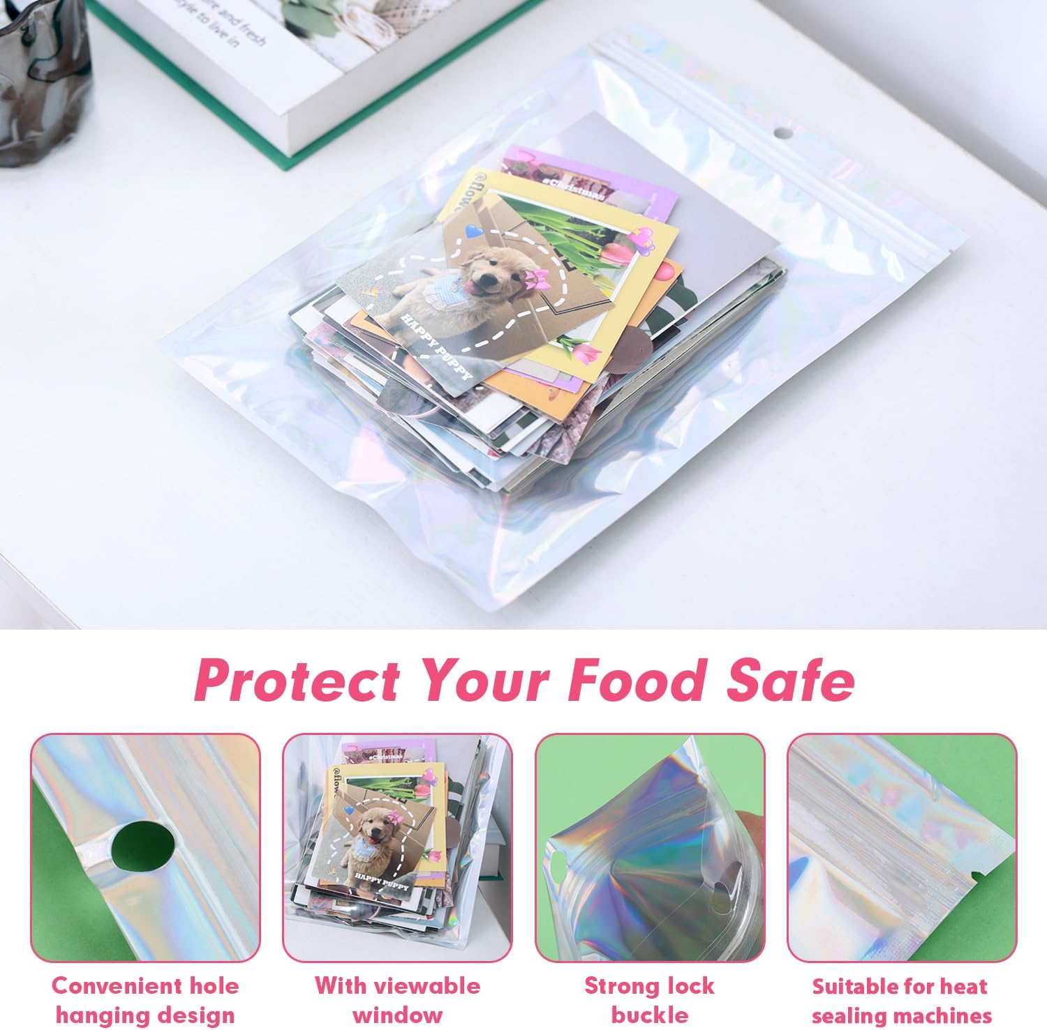 120 PCS-7x10 Reclosable Mylar Bags for Food Storage, Resealable Holographic Bags with Clear Window for Small Businesses, Smell Proof Aluminum Foil Edible Packaging Bag for Candies image 4