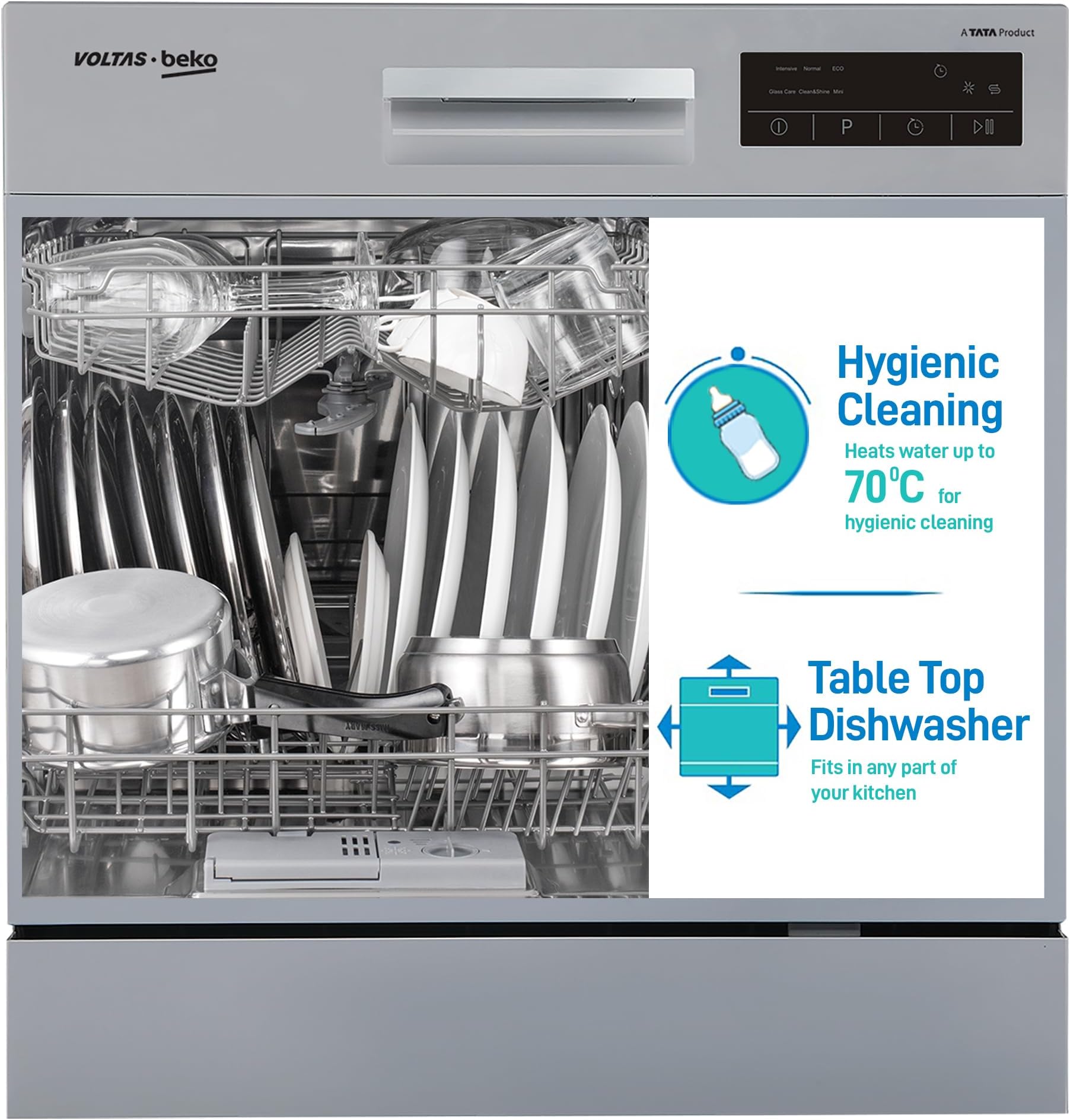 Voltas Beko 8 Place Settings Table Top Dishwasher (DT8S, Silver, Inbuilt Heater)