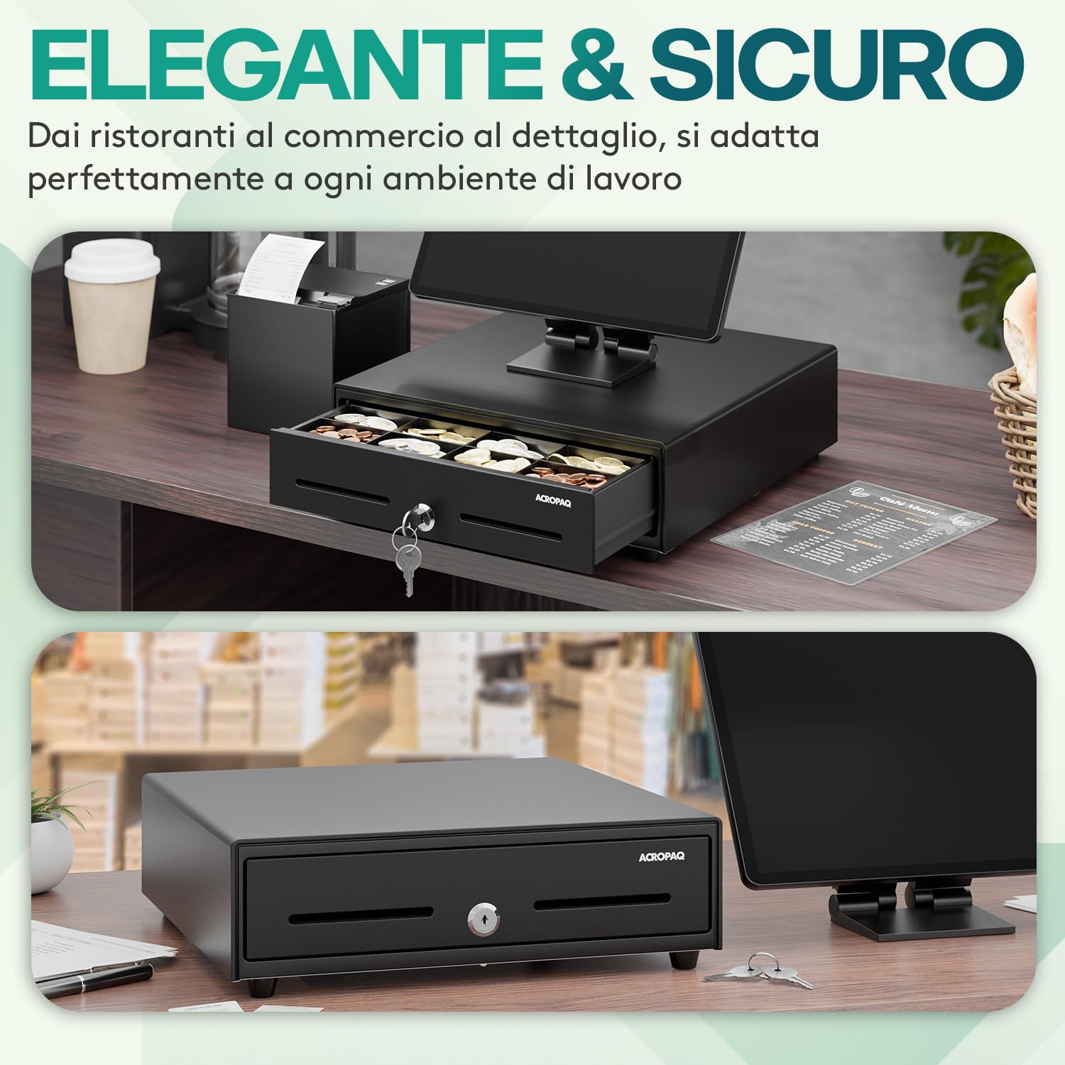 ACROPAQ Cassetto cassa - Compatibile con registratore cassa RJ11, 4 scomparti monete e 8 banconote, (34 x 33 x 10 cm) Corpo in metallo robusto - Cassetto cassa registratore