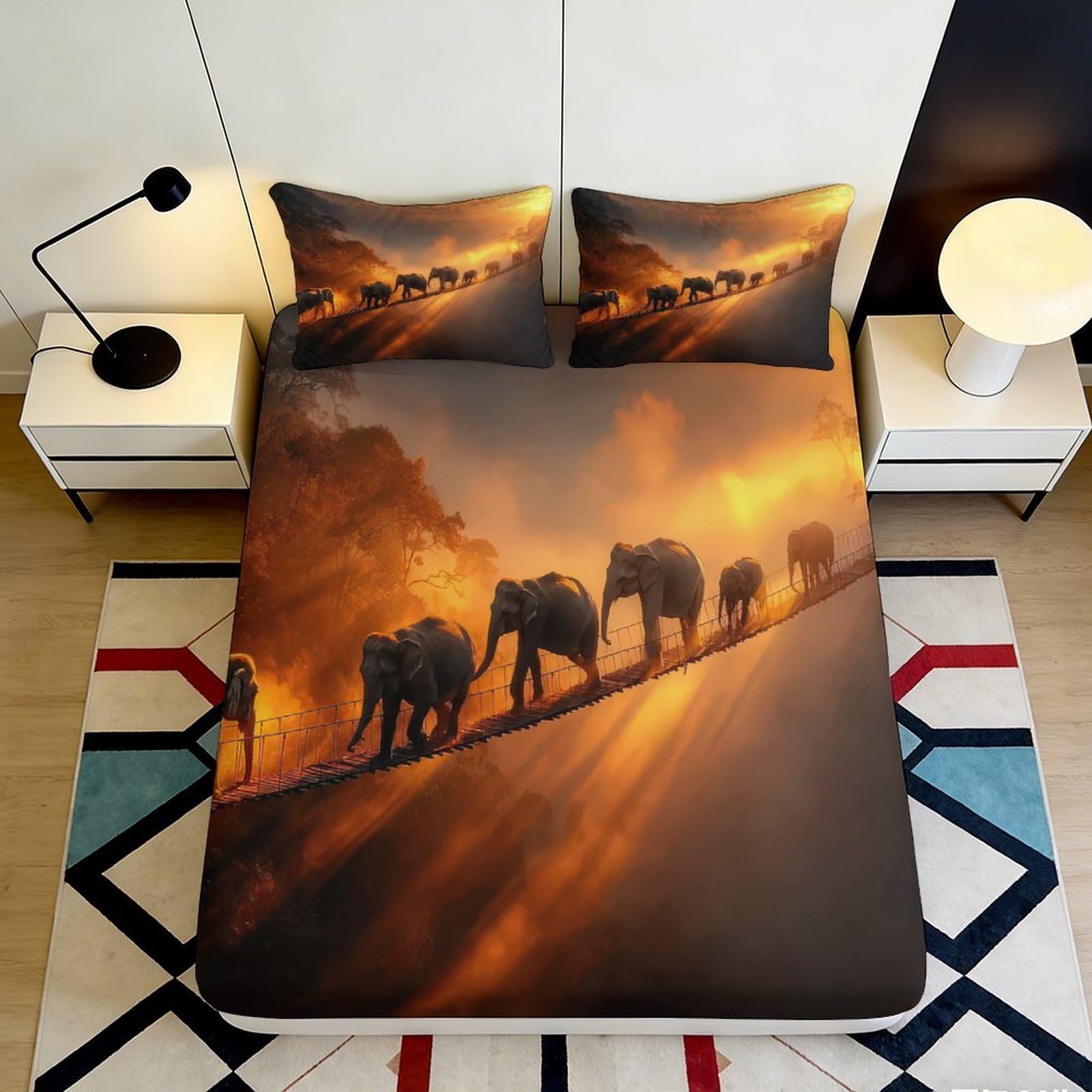 3D Printed Elephant Sunset Fitted Sheet Microfiber Soft Breathable Bridge Bed Cover for Bedroom Dormitory Guest Room Mattress Protection 160x200x25cm