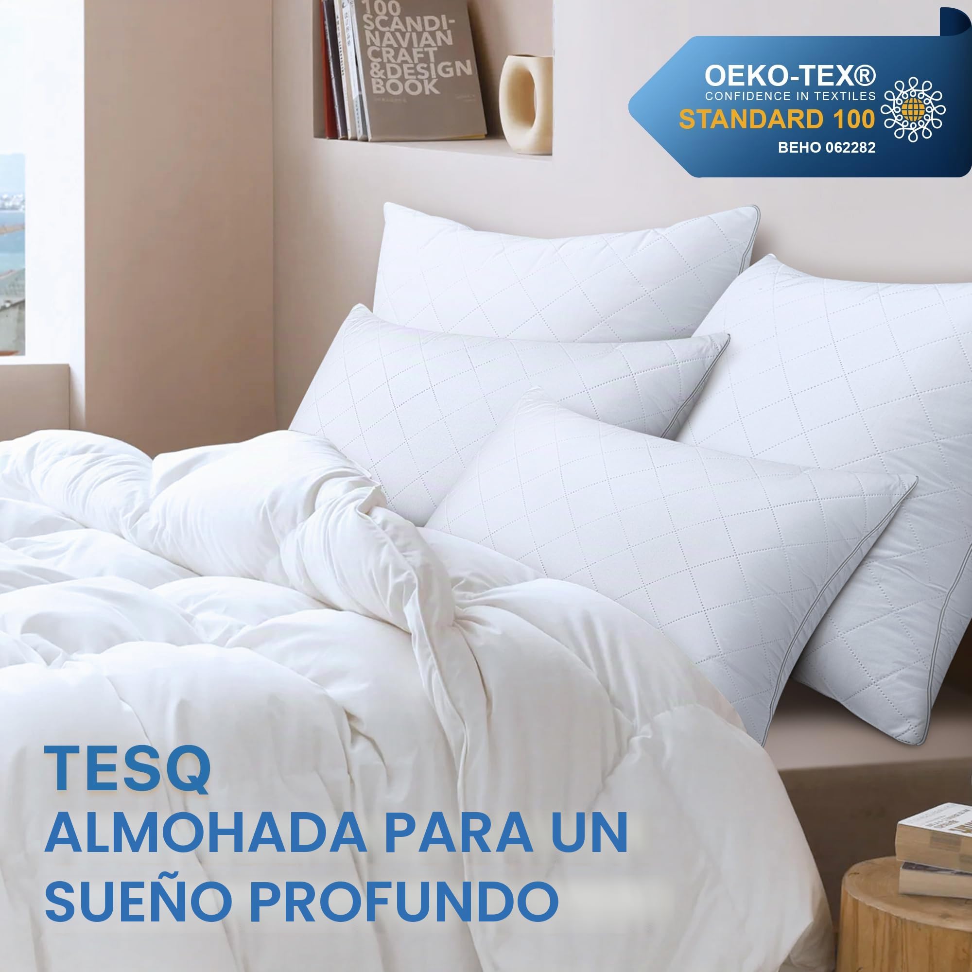 TESQ Almohadas 50x70 cm (2 Unidades), Calidad Hotelera de Lujo Almohada Suaves y Confortables, Transpirables e Hipoalergénicas Certificadas Oeko-Tex, Ideales para Todas Las Posiciones de Sueño | Lavable, confort suave, funda transpirable, hipoalergénica,