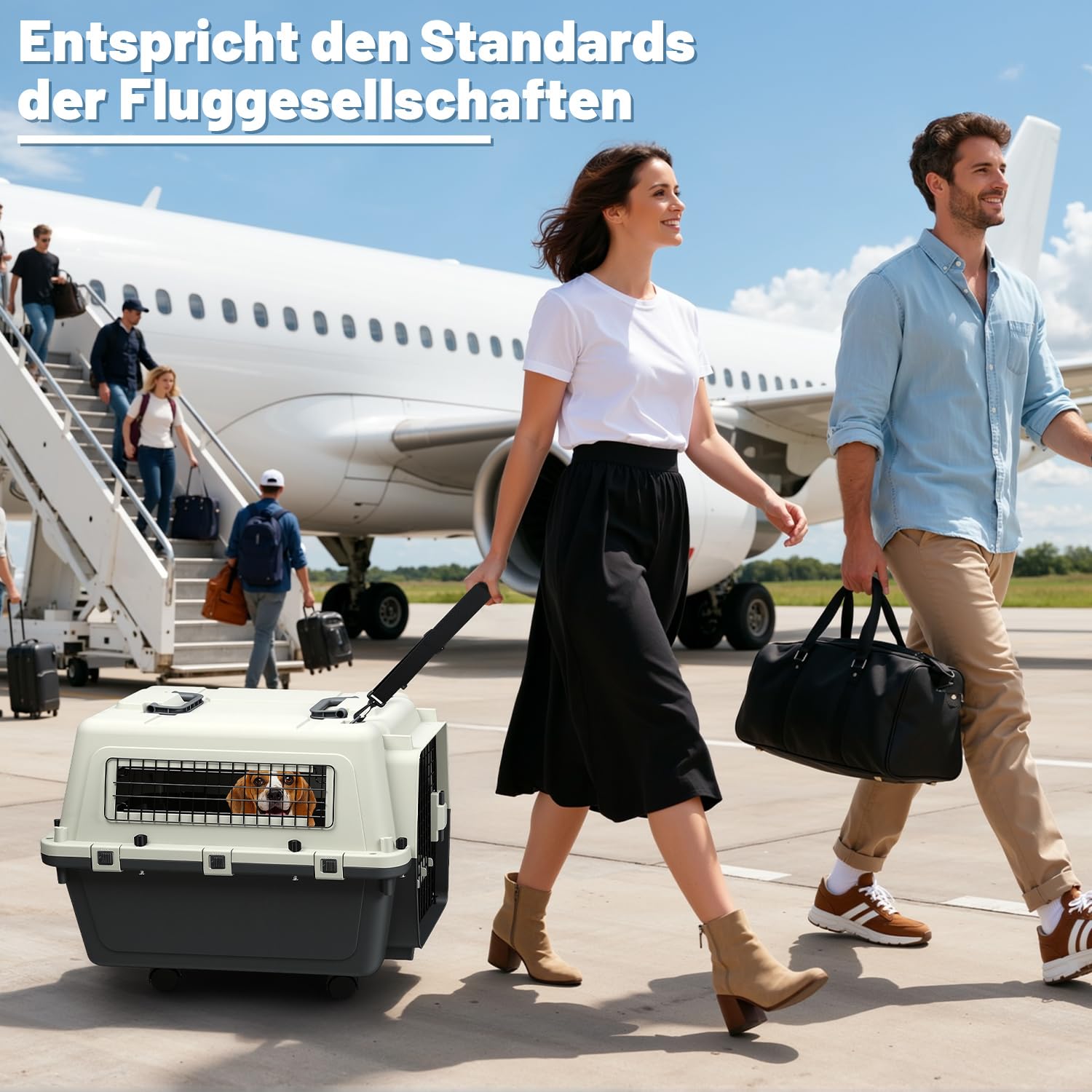 Hundetransportbox bis 17,5 kg mit Rädern, 67,3x54,9x51,5 cm, Flugzeugtaugliche Pet Transportbox für Hunde & Katzen, Inkl. Urinablauf, 2 Näpfe & Leine