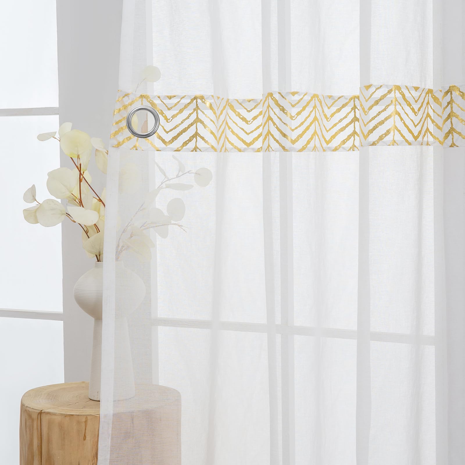 L.Z.E White Gold Curtains for Living Room with Eyelets Set of 2 Curtains for Dining Room with Gold Print Transparent Modern Length x Width 245 x 140 cm OEKO-TEX STANDARD 100