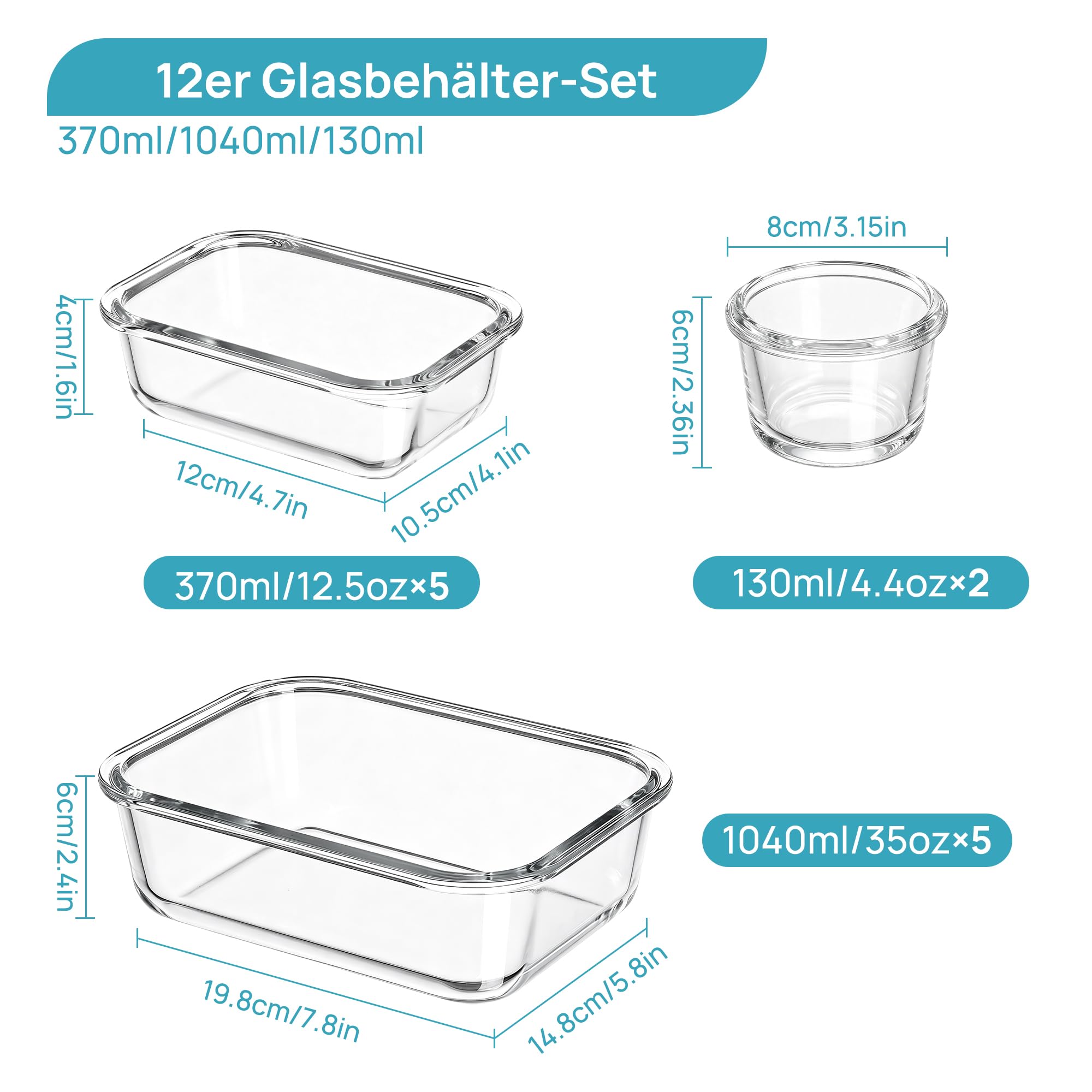 Vtopmart 12er Frischhaltedosen Glas mit Deckel, Mikrowelle, 3 Größen