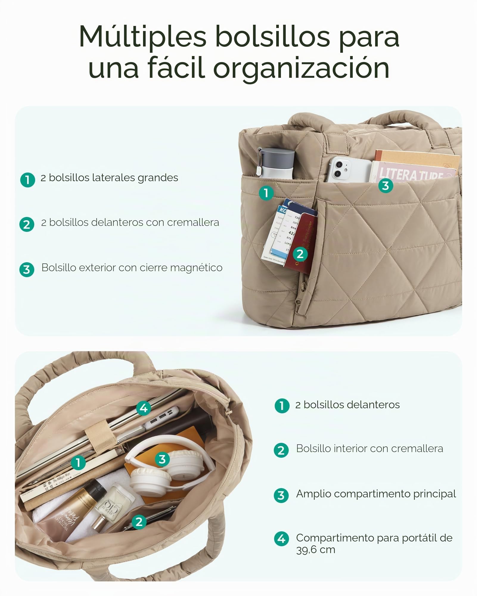 bagsmart Bolsa de mano para mujer, bolsa de mano hinchada con cremallera, bolsa de hombro acolchada grande con compartimentos para viajes, trabajo, gimnasio